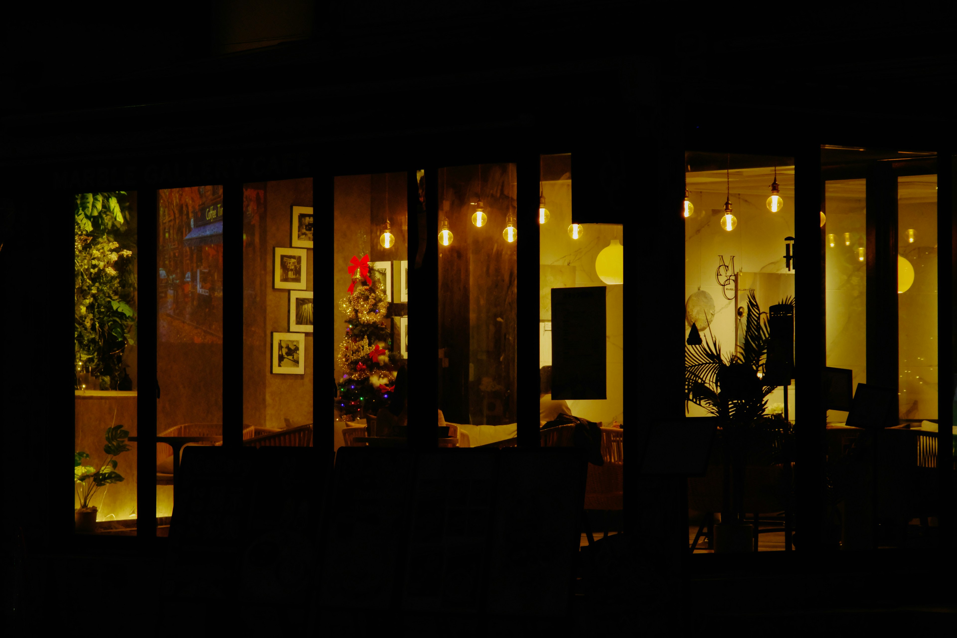 Warm lighting and plants visible through a cafe window at night