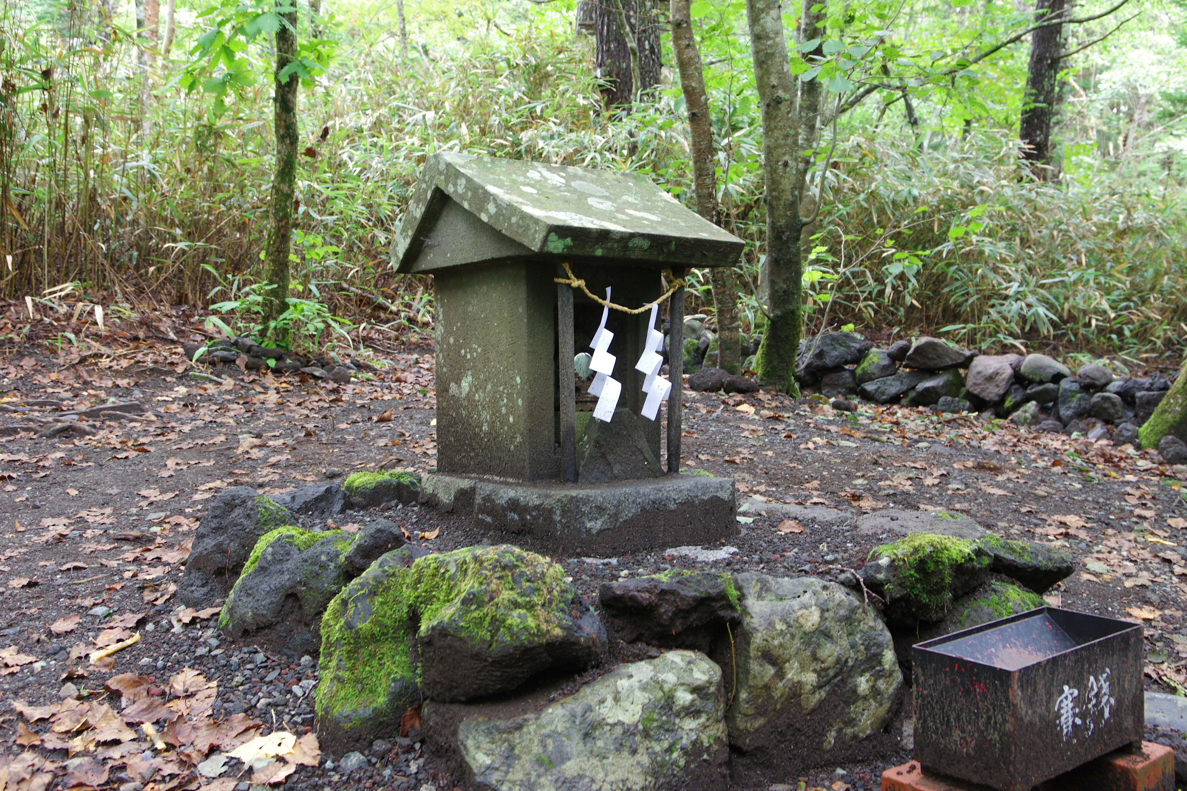 Pequeña estructura tipo santuario en un bosque con talismanes blancos colgando