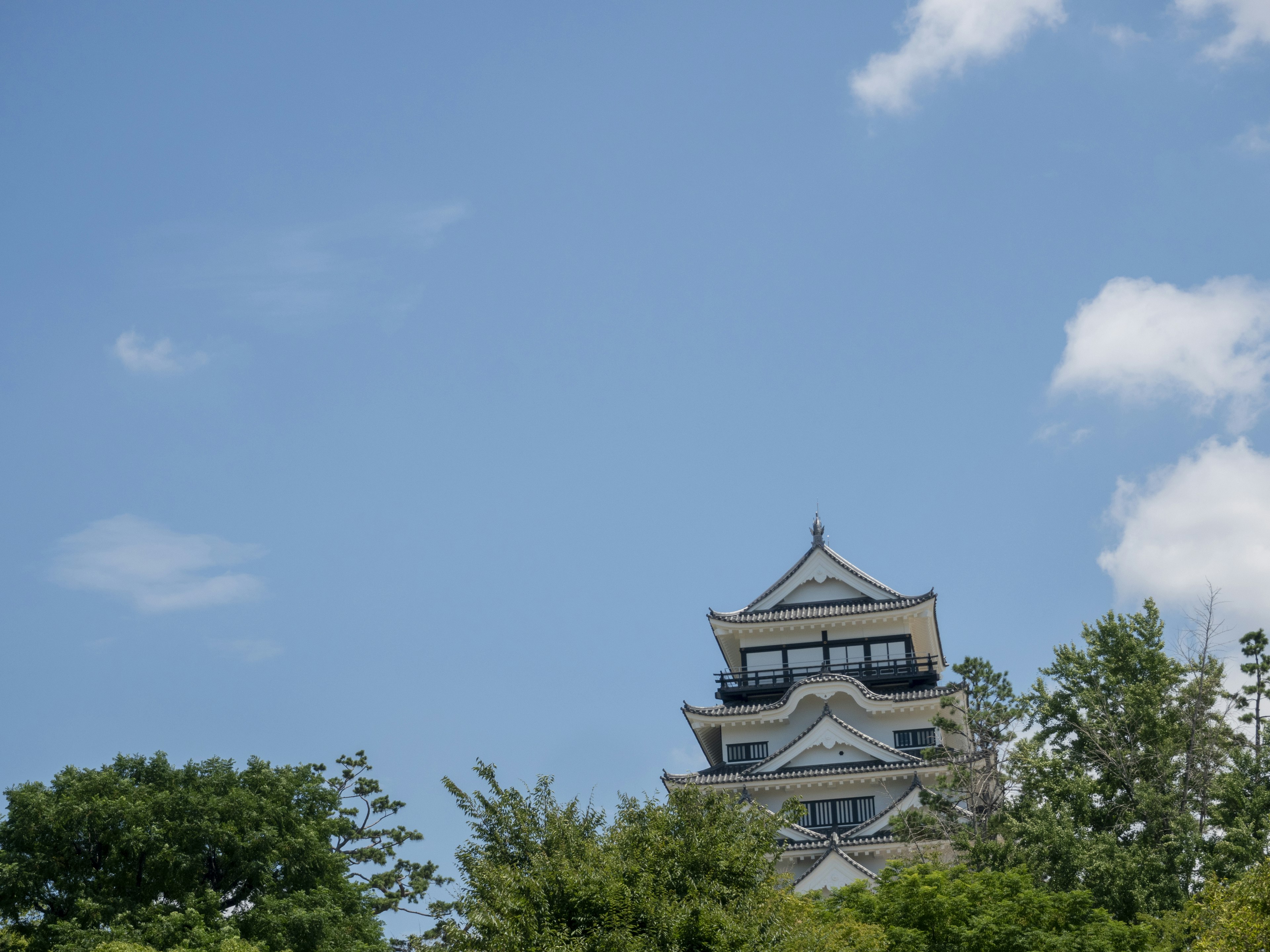 Weißer Schloss-Turm, der unter einem blauen Himmel mit grünen Bäumen aufsteigt