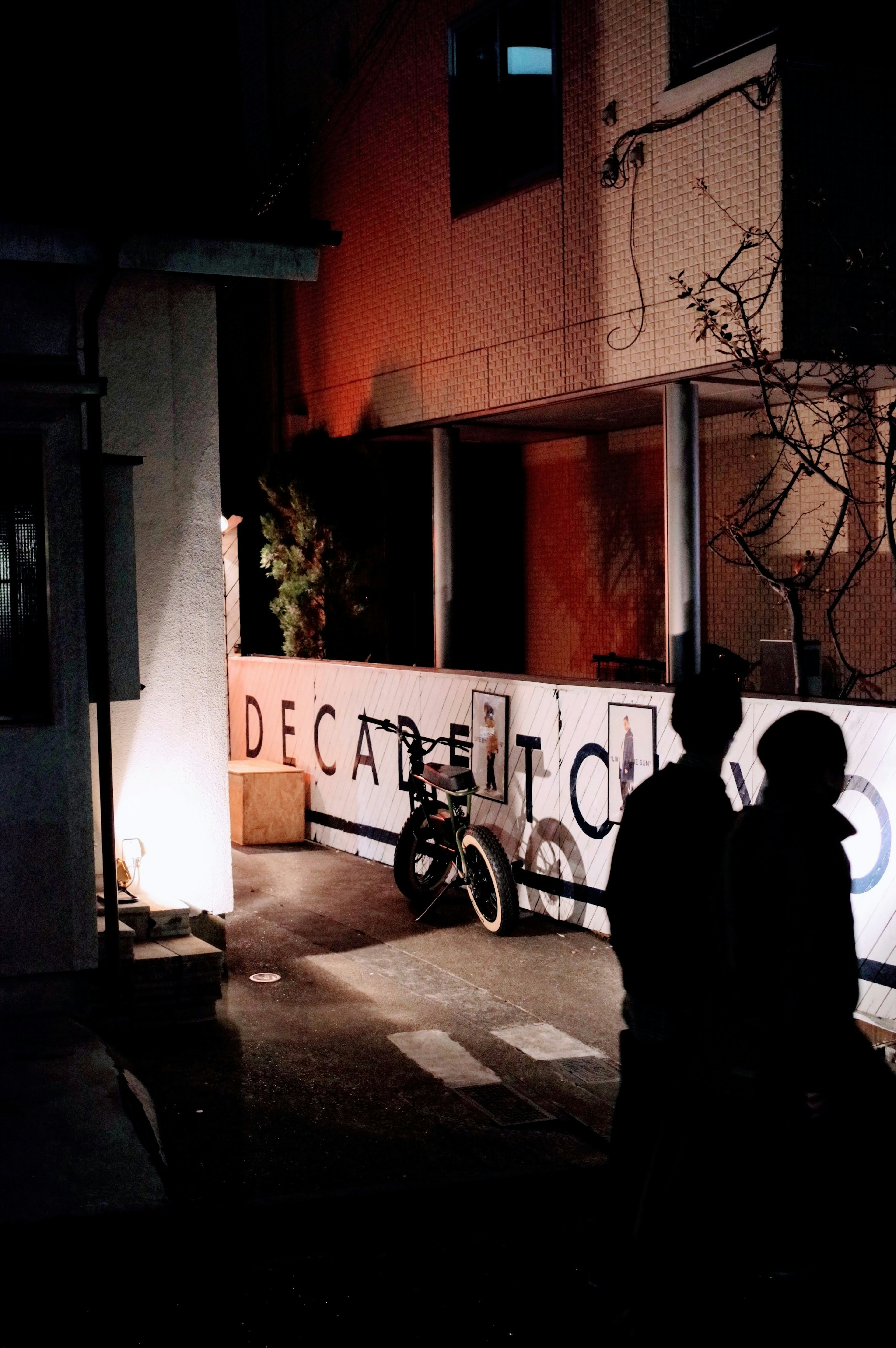 Silhouette of two people standing in a dark alley with a bicycle