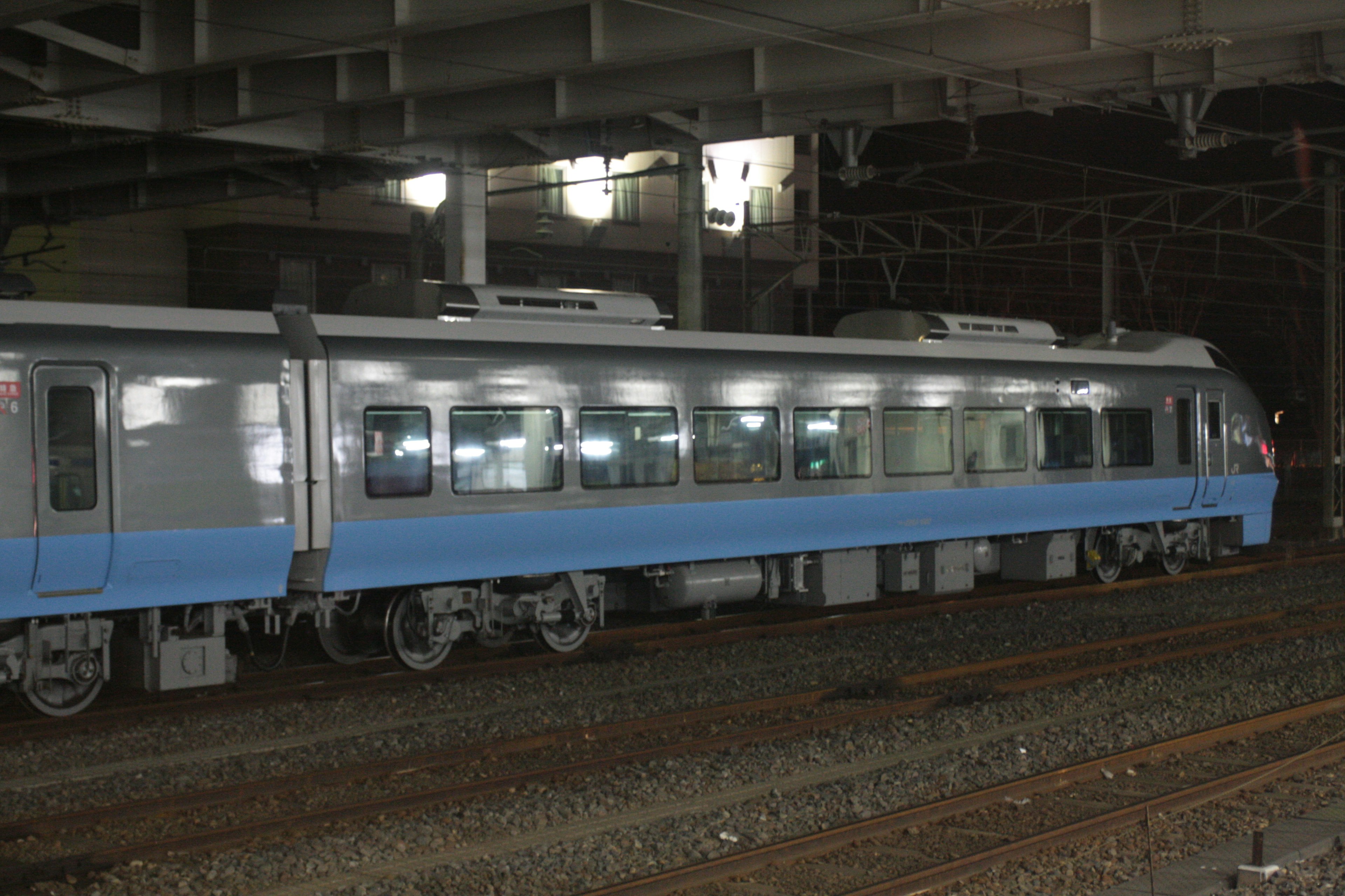 Kereta dengan garis biru diparkir di stasiun gelap