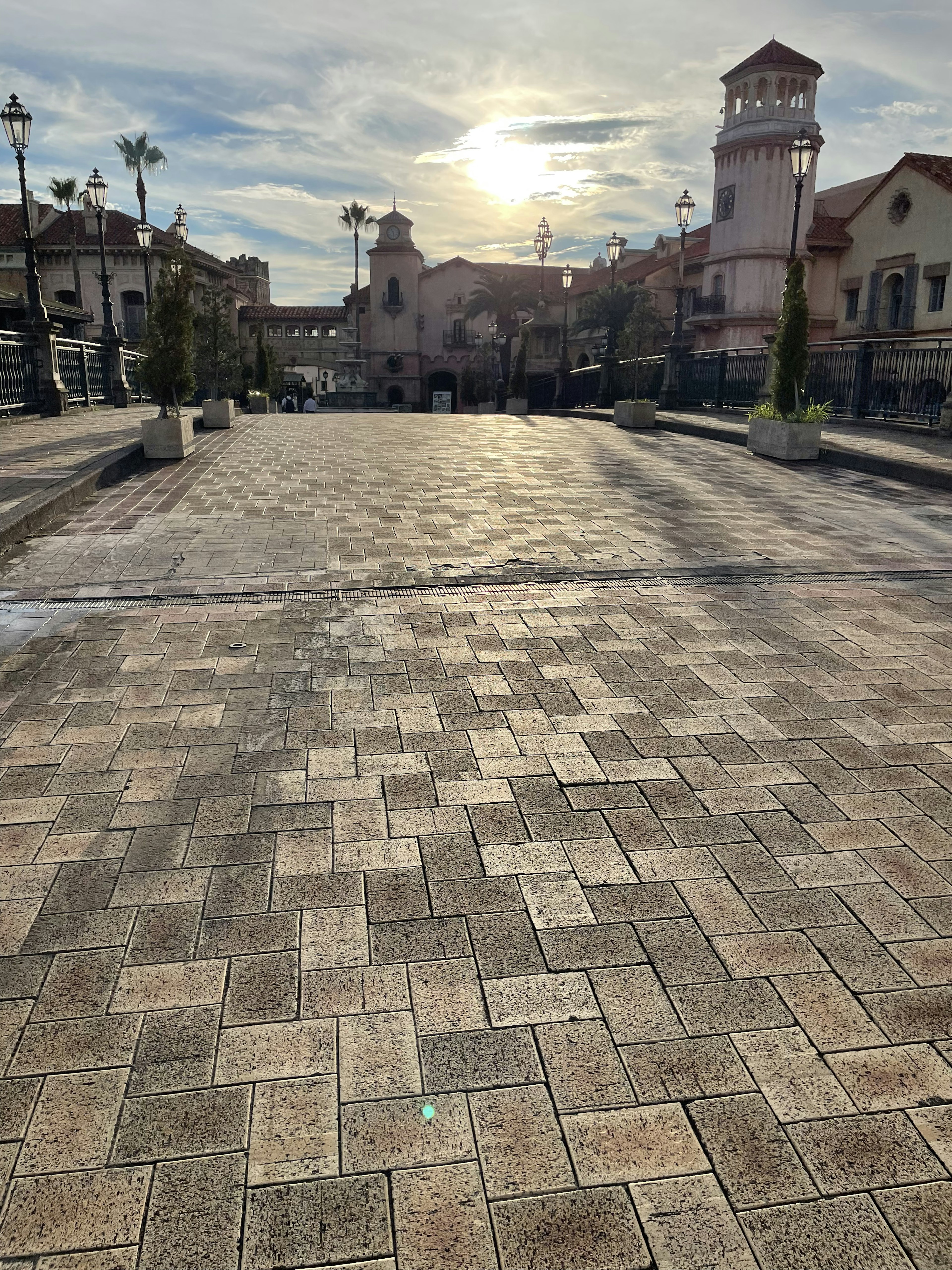 Paved square with sunset view