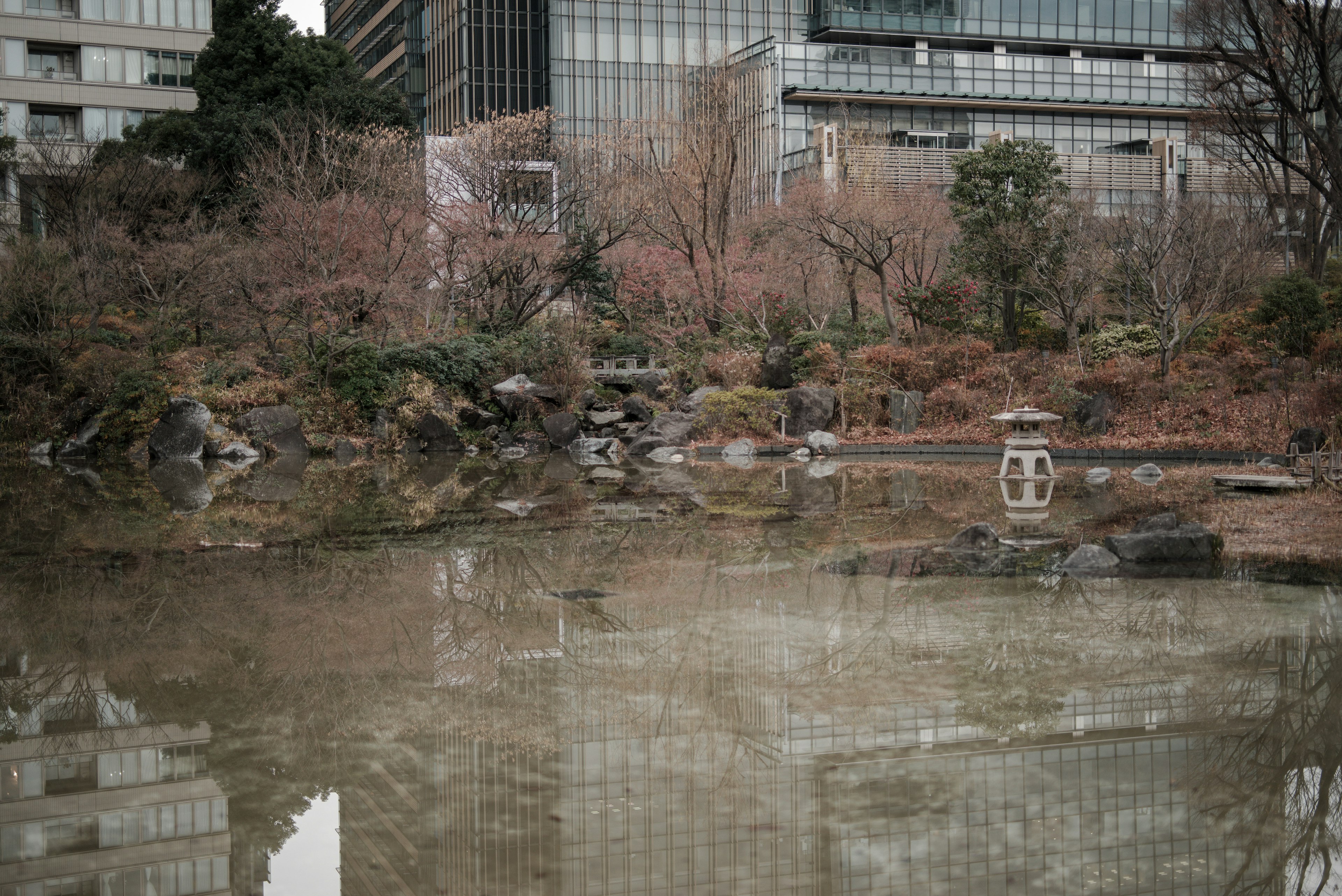 都会の中にある静かな日本庭園の池と石灯籠