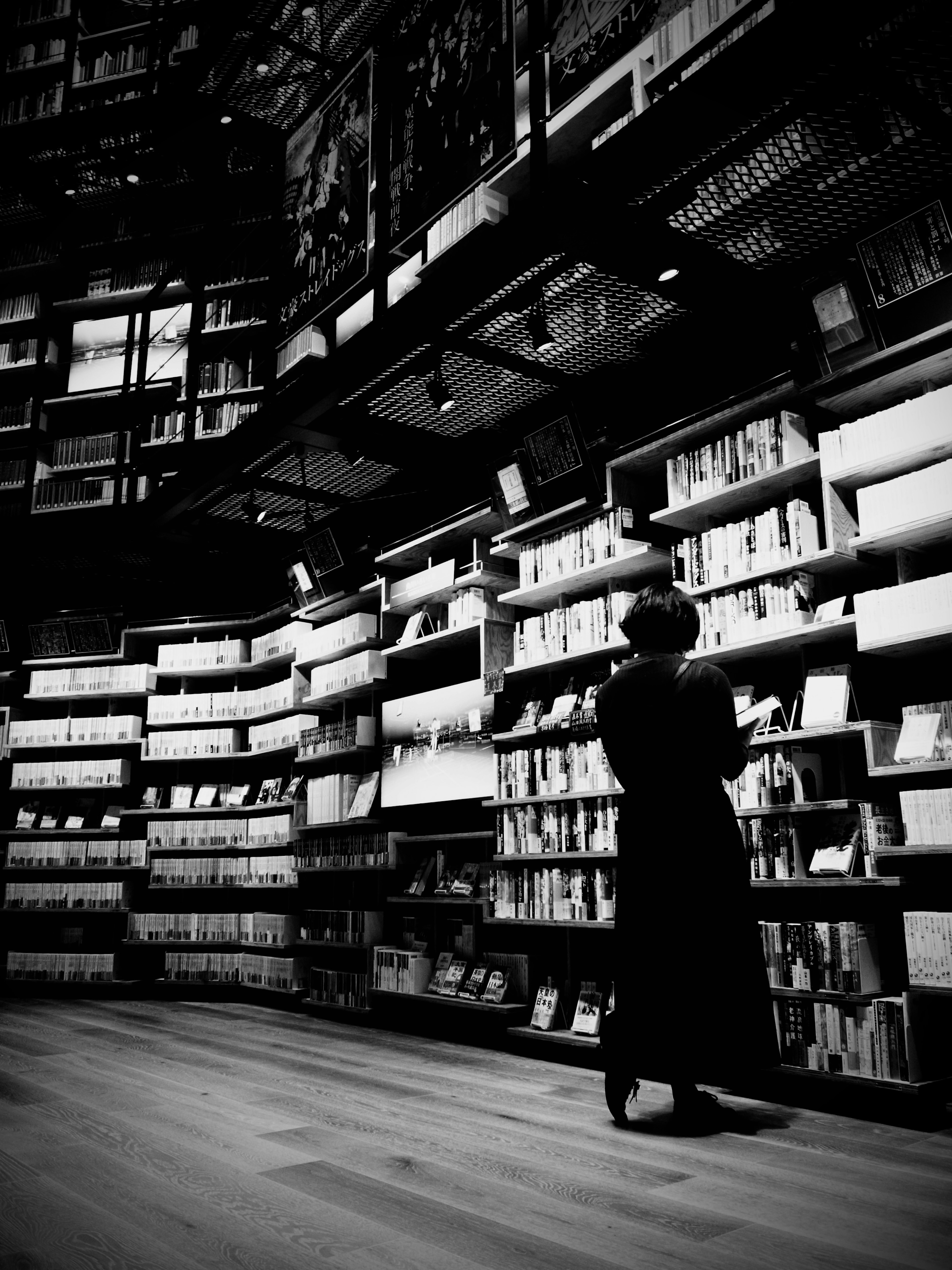 Silhouette of a woman searching for books in a dark library