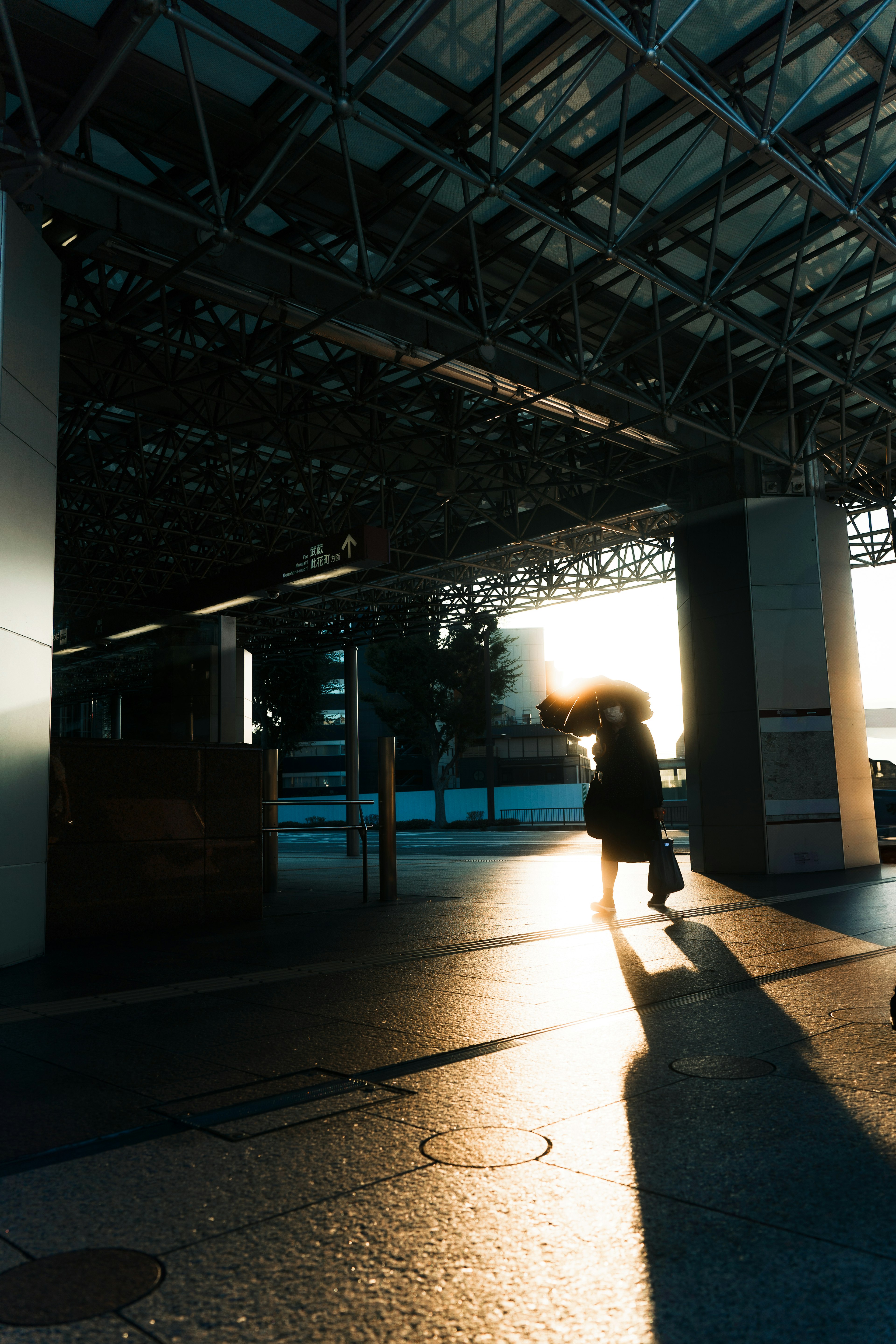 Silhouette of a person walking against the sunset with structural pillars and shadows