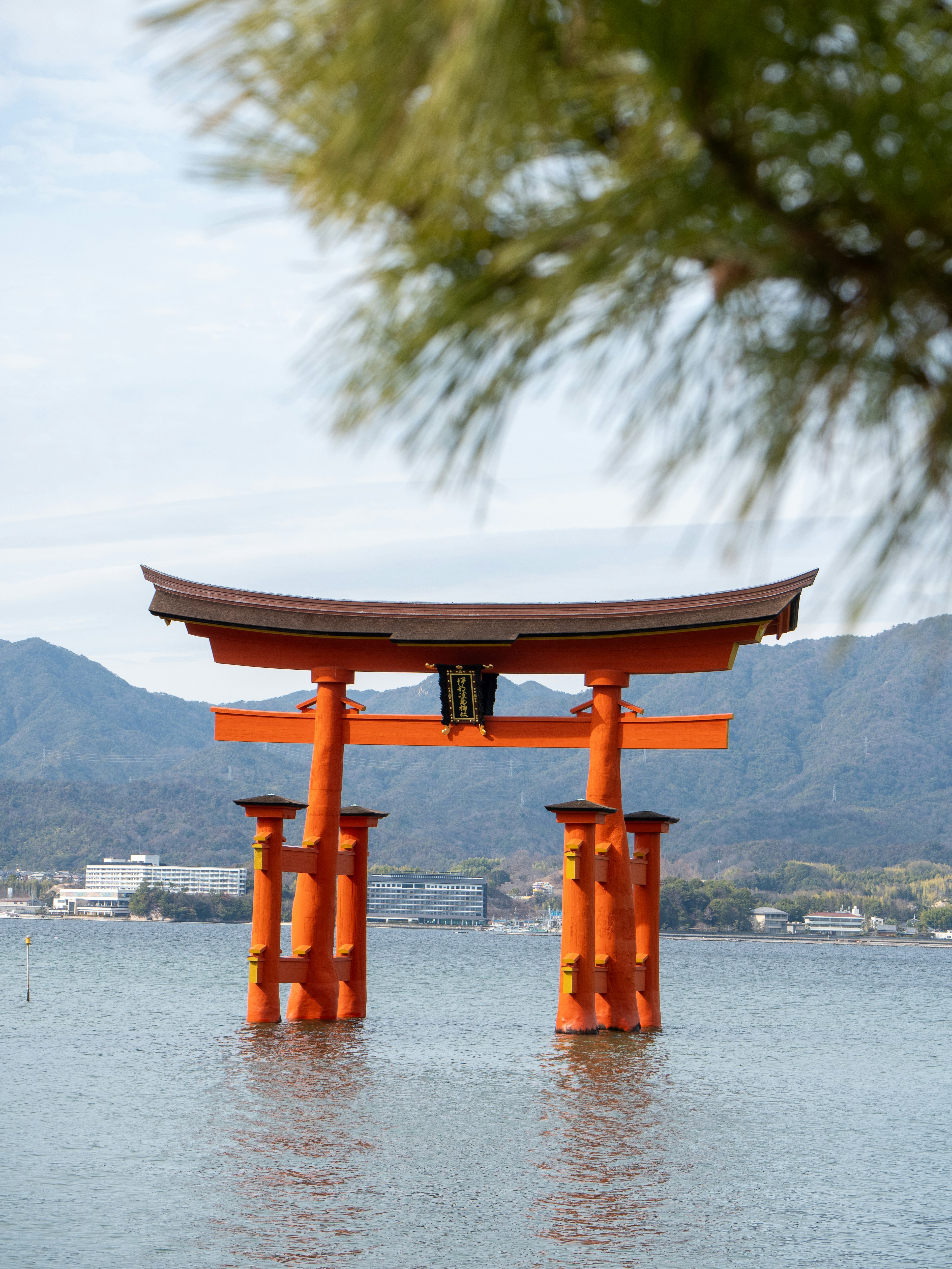 Red torii gate standing in water with mountains in the background