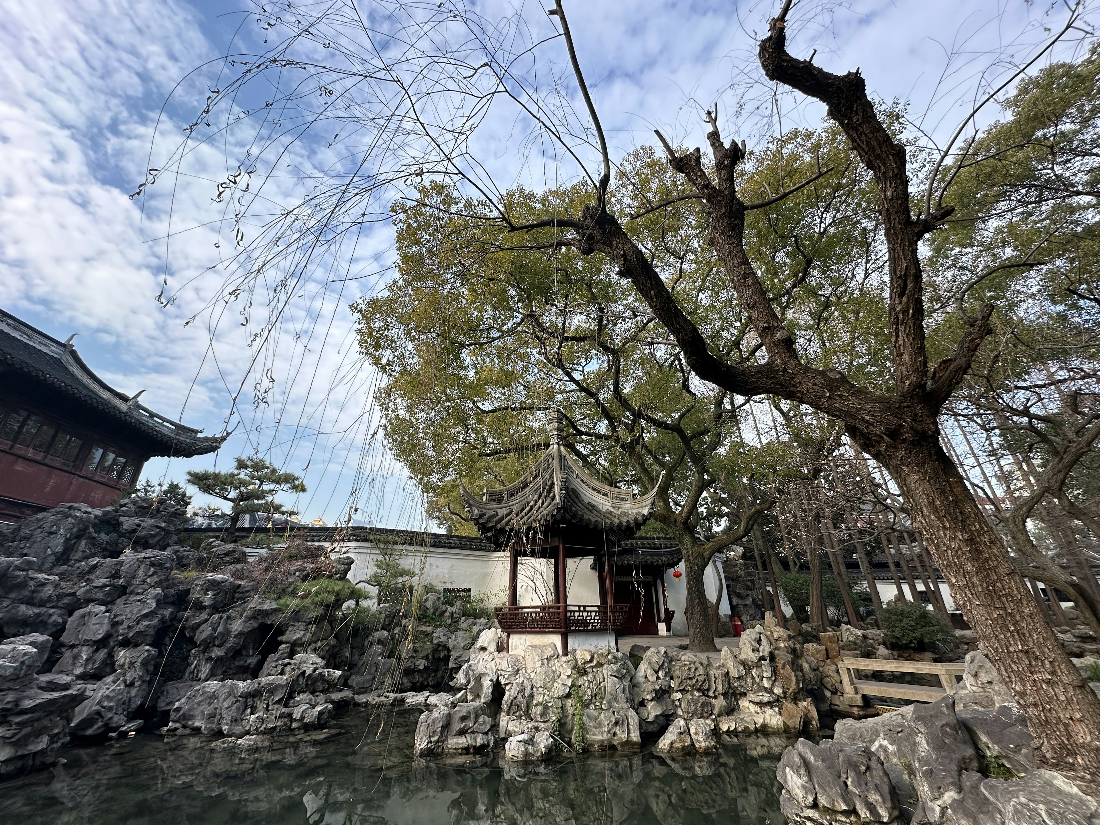 Bâtiment chinois traditionnel près d'un étang de jardin avec des arbres