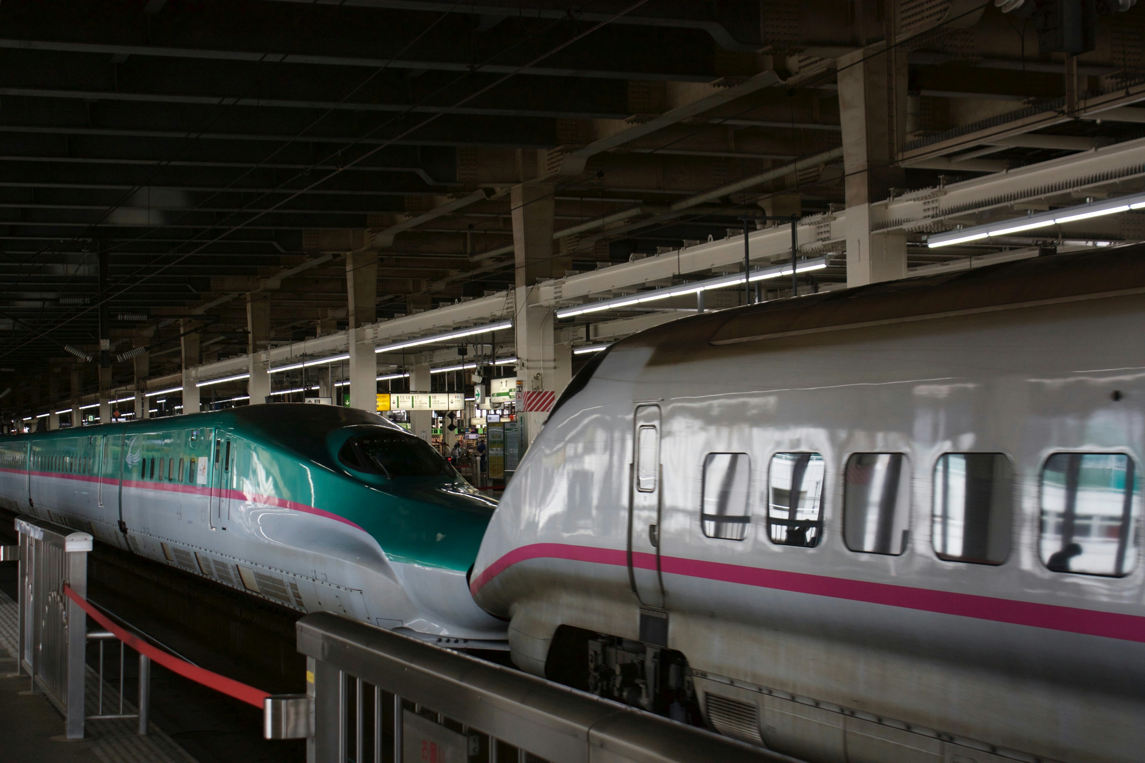 Trains Shinkansen à la gare avec des voitures vertes et argentées côte à côte