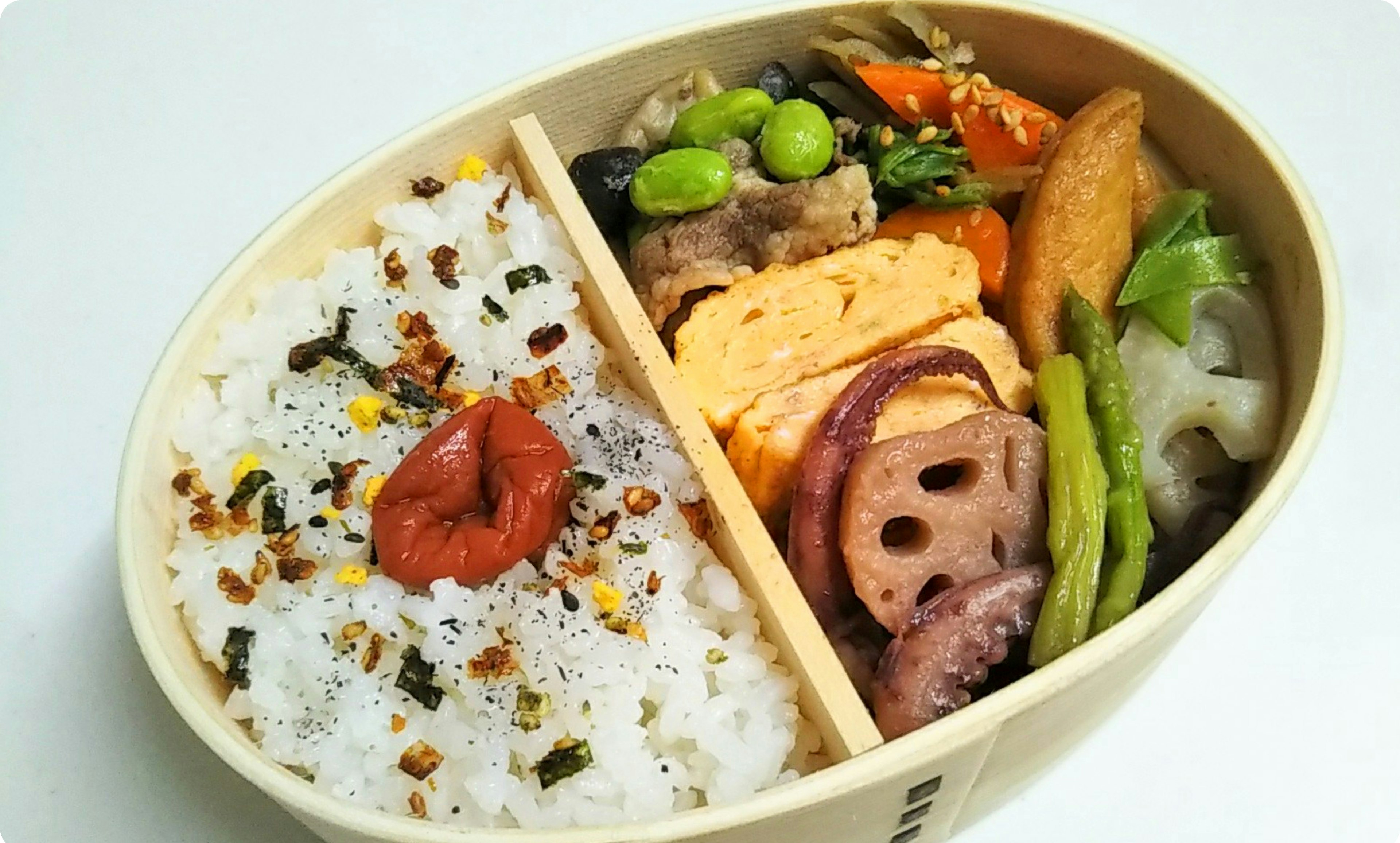 A bento box featuring rice, tamagoyaki, vegetables, and grilled fish