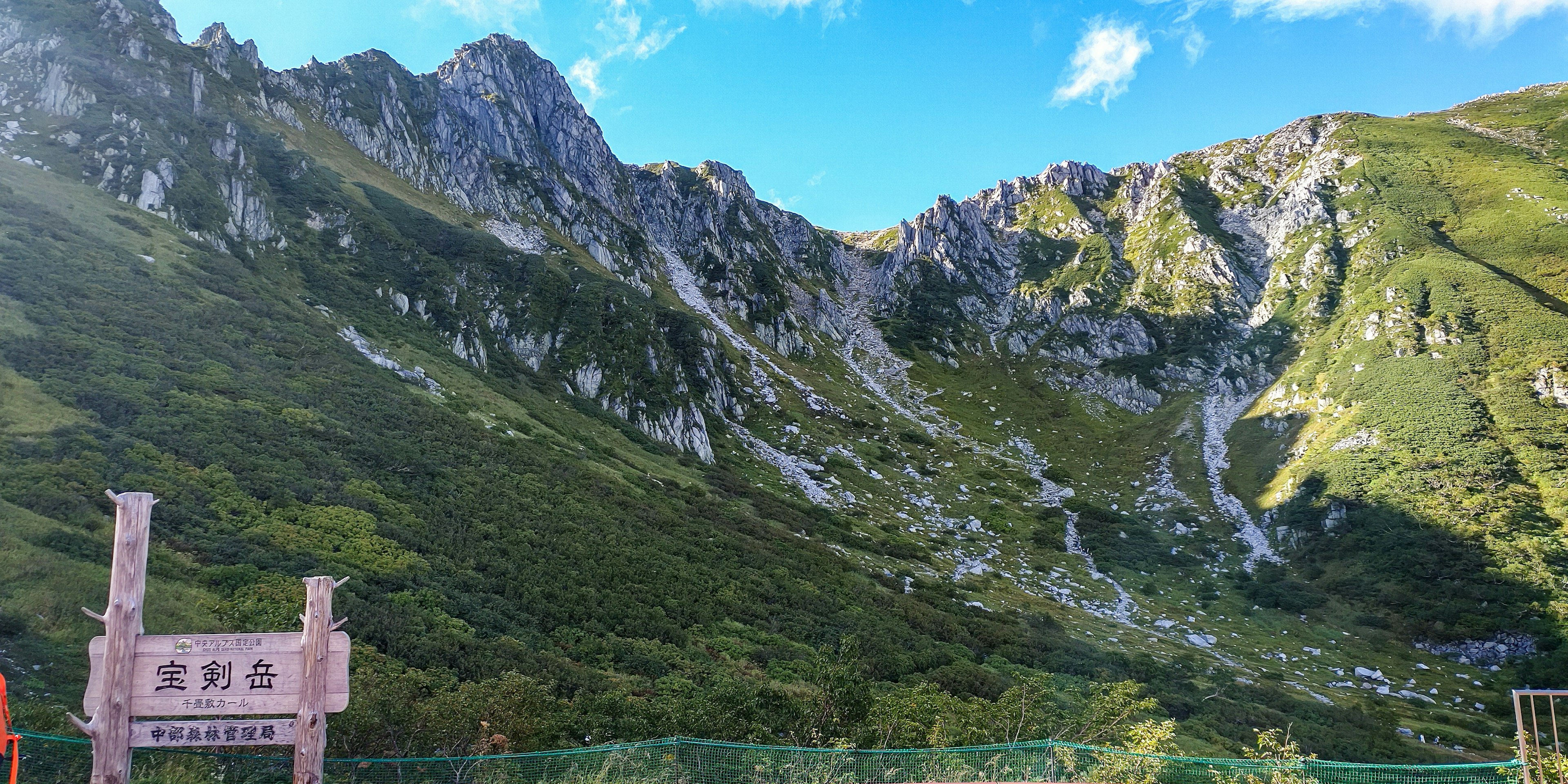 Paesaggio montano pittoresco con un cartello sotto un cielo azzurro