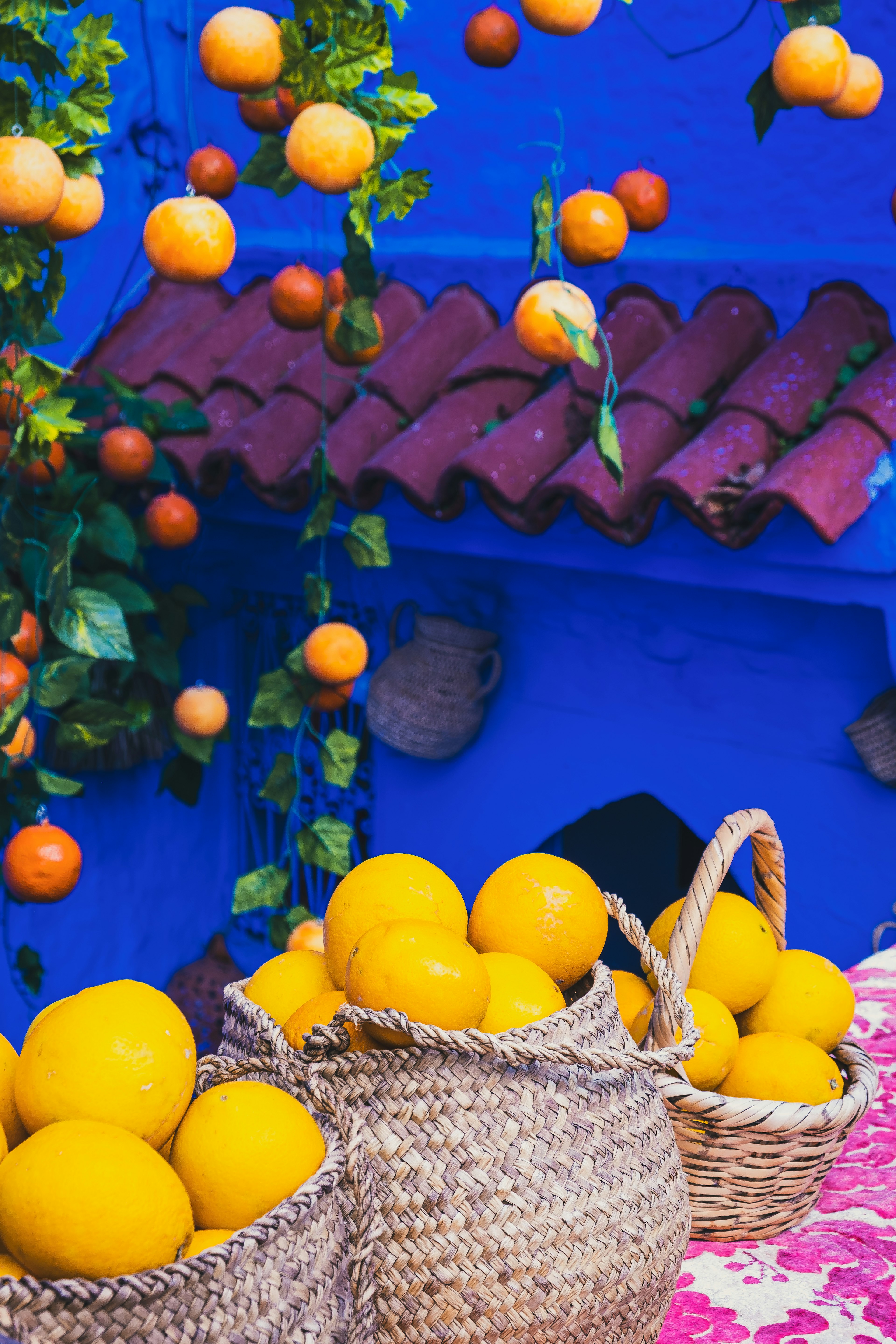 Paniers remplis d'oranges et de citrons devant un mur bleu