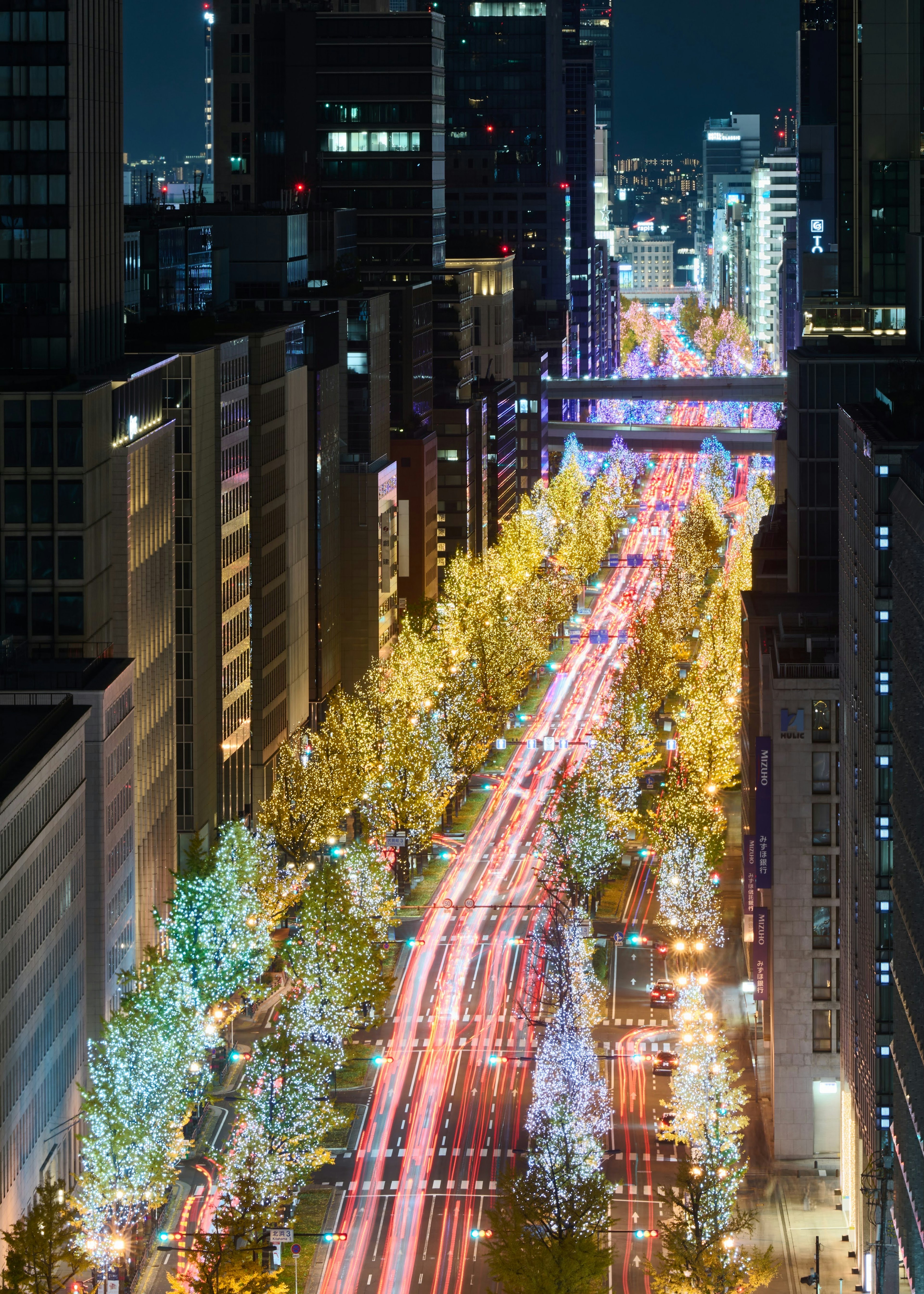 Stadtlandschaft bei Nacht mit beleuchteten Bäumen und Lichtspuren von fahrenden Fahrzeugen