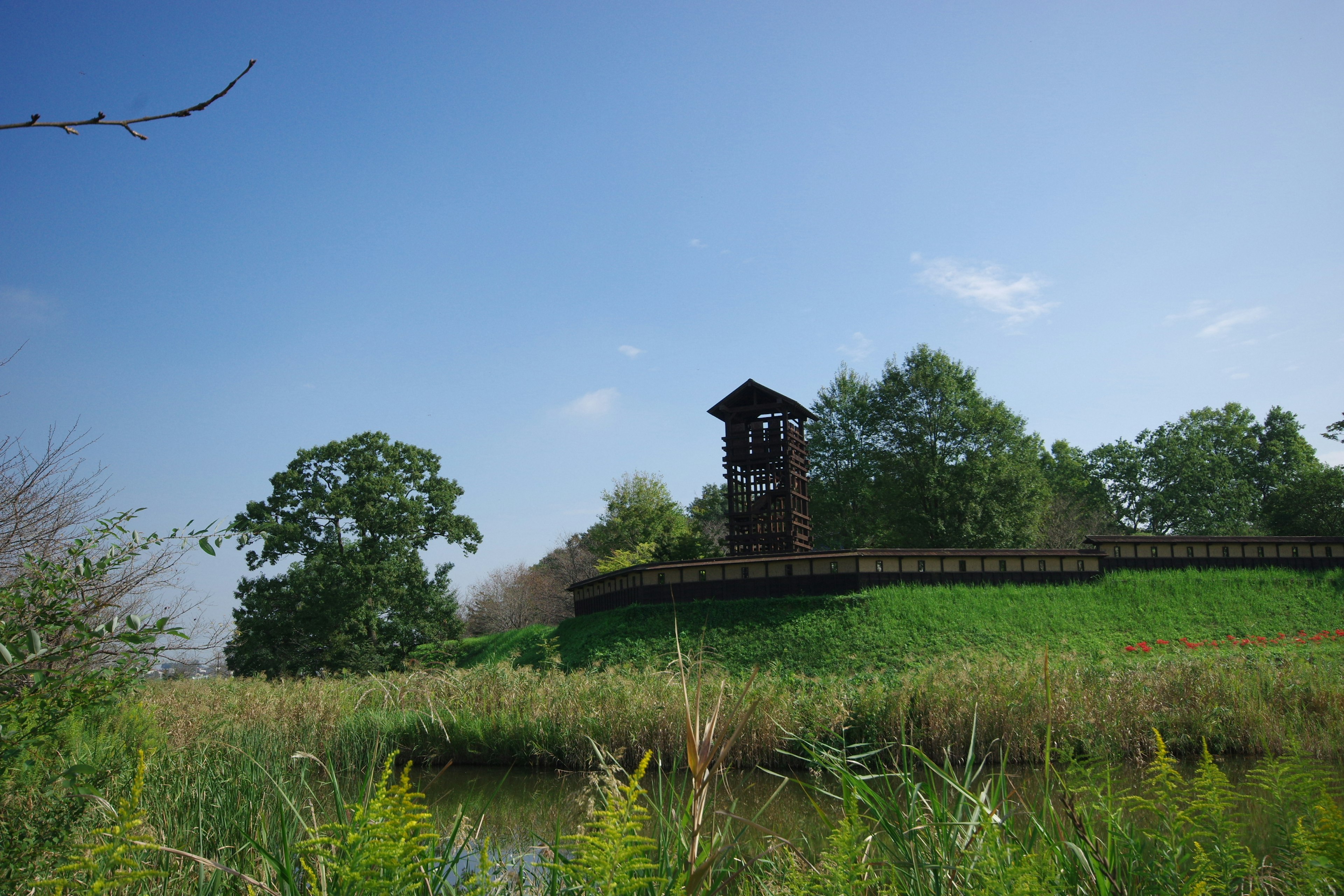 Tour d'observation en bois sur une colline verte sous un ciel bleu