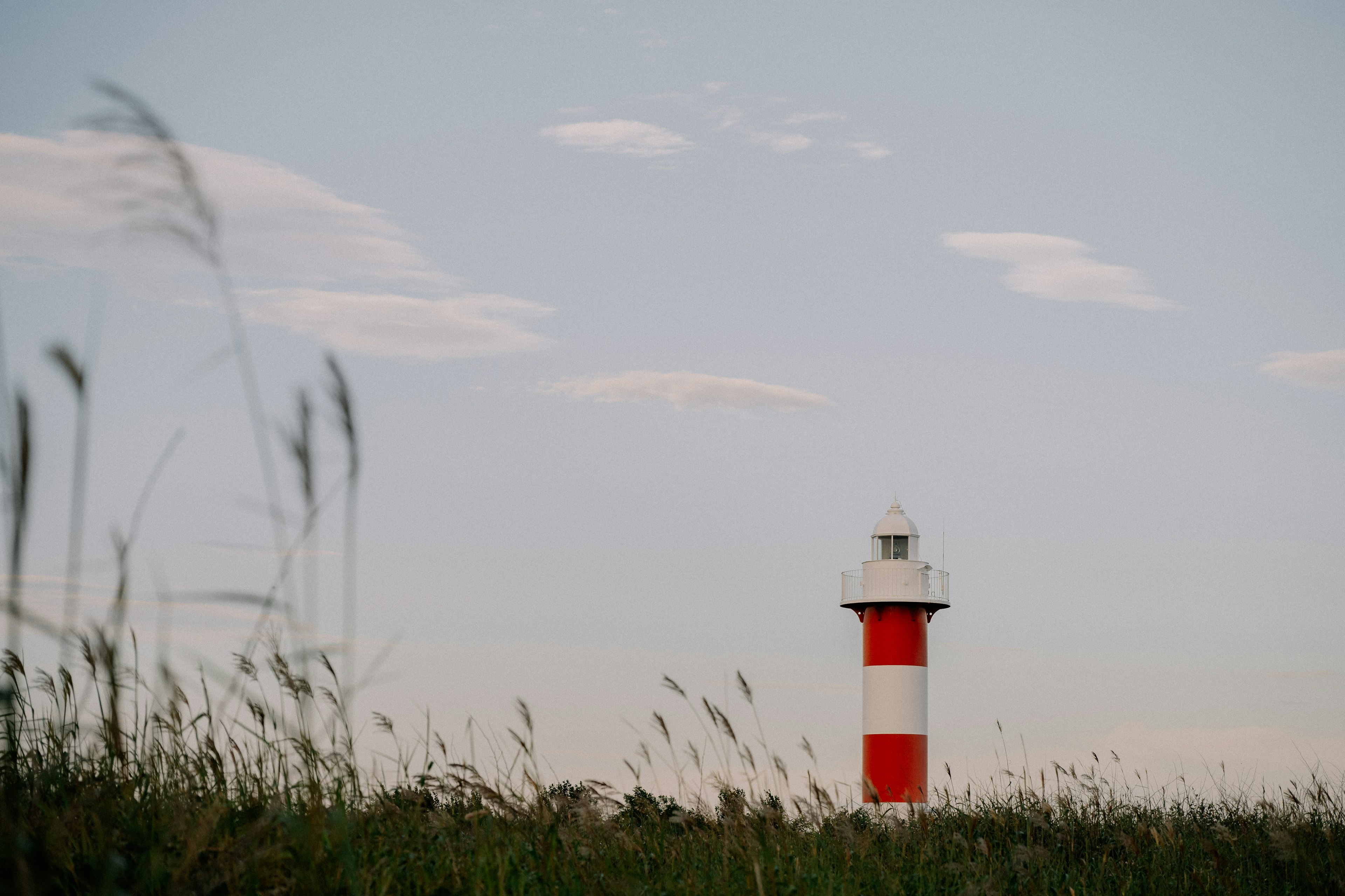 A red and white striped lighthouse standing in a grassy field