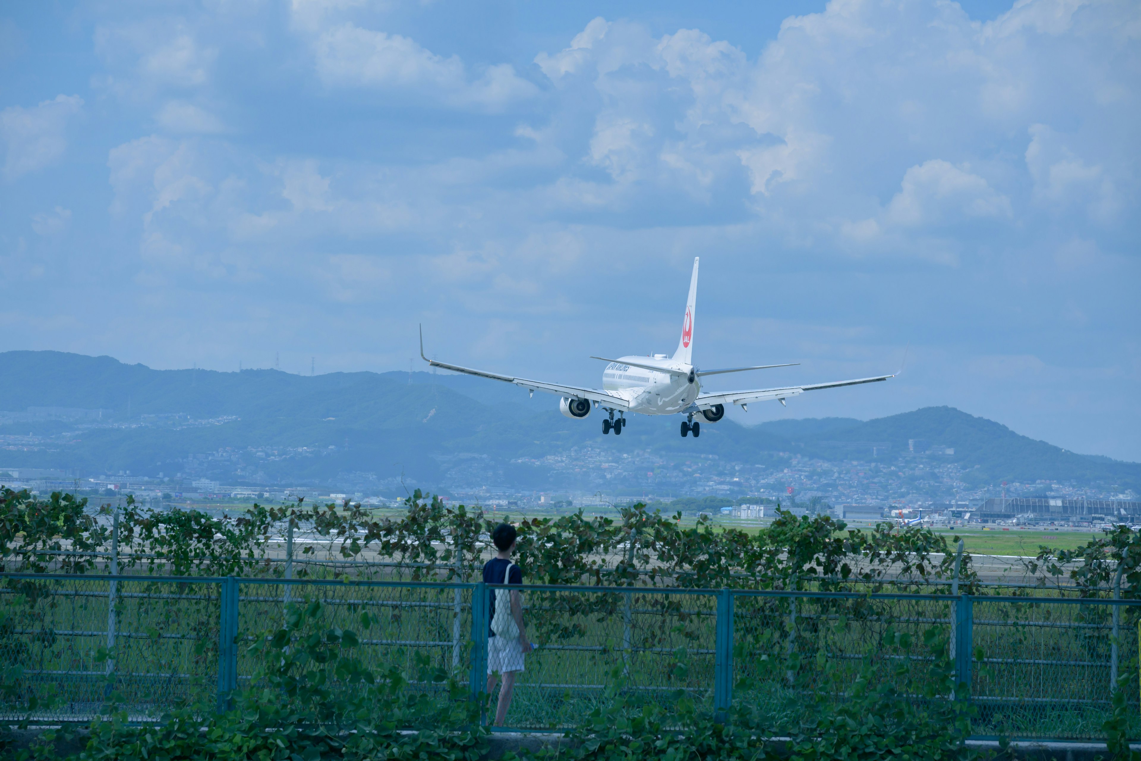 Un aereo che atterra sotto un cielo blu con una persona che osserva