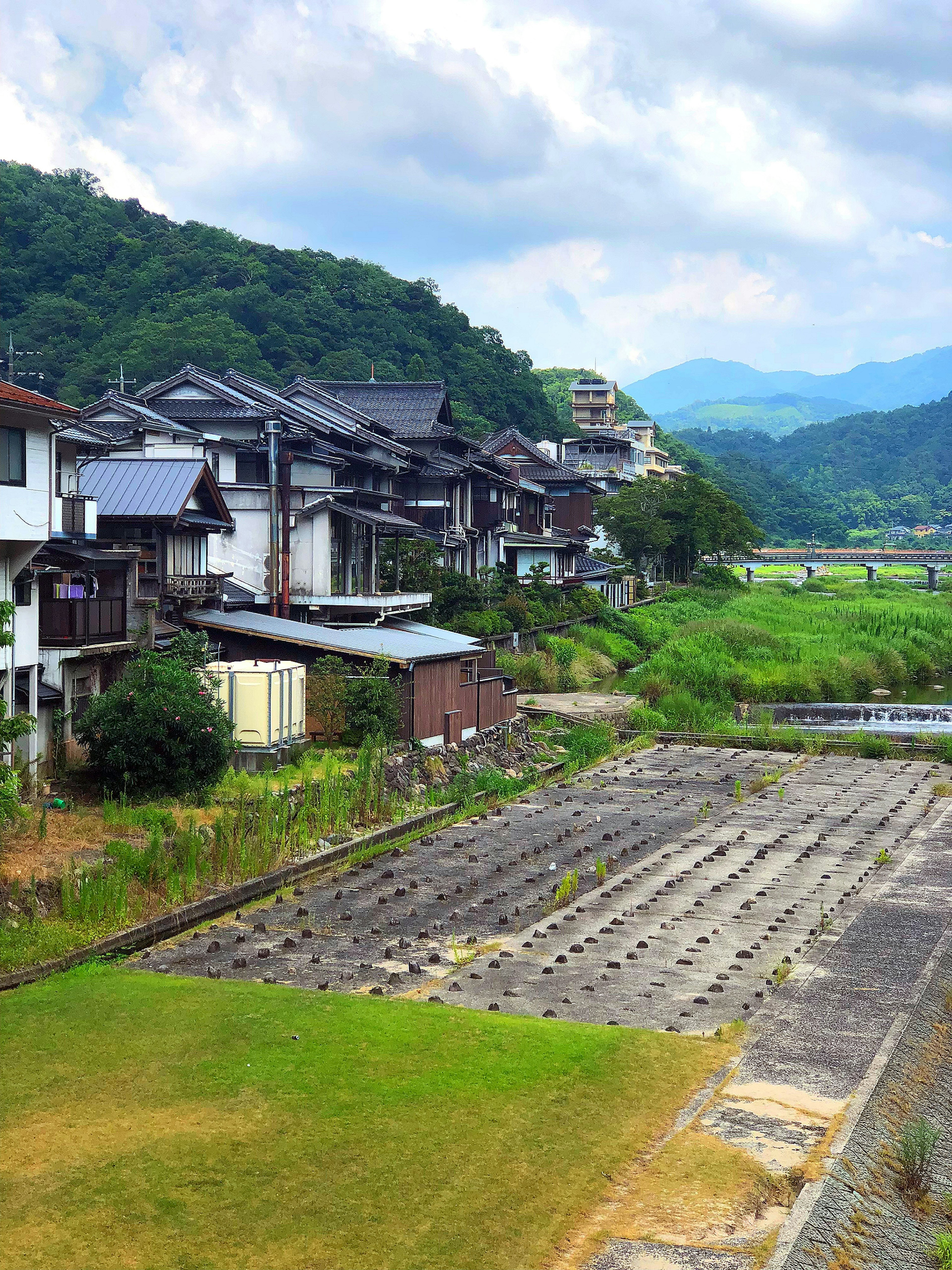 Traditional Japanese houses with a mountainous backdrop and rice fields