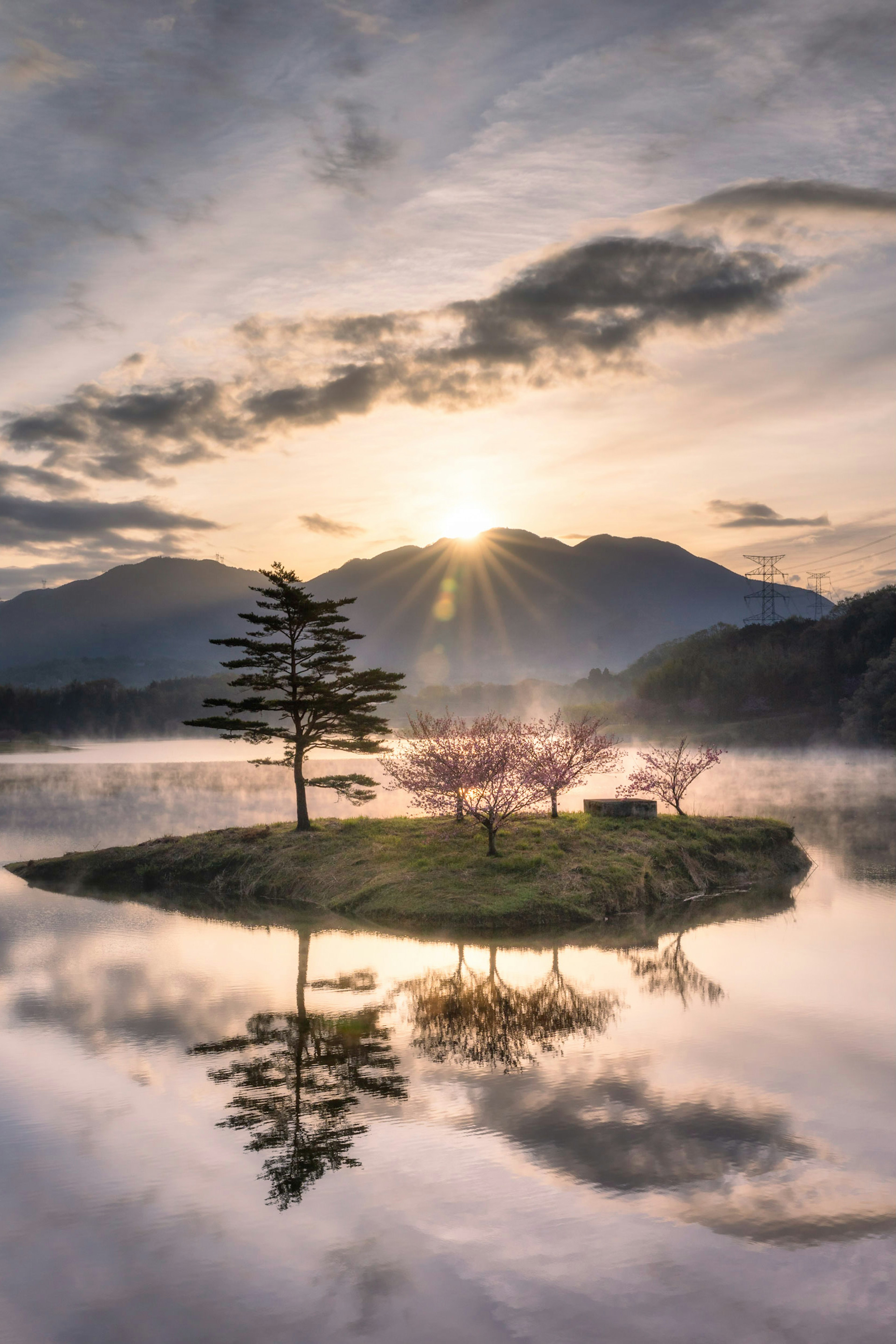 Pemandangan indah dan tenang dari danau yang mencerminkan gunung dan pohon sakura di pulau