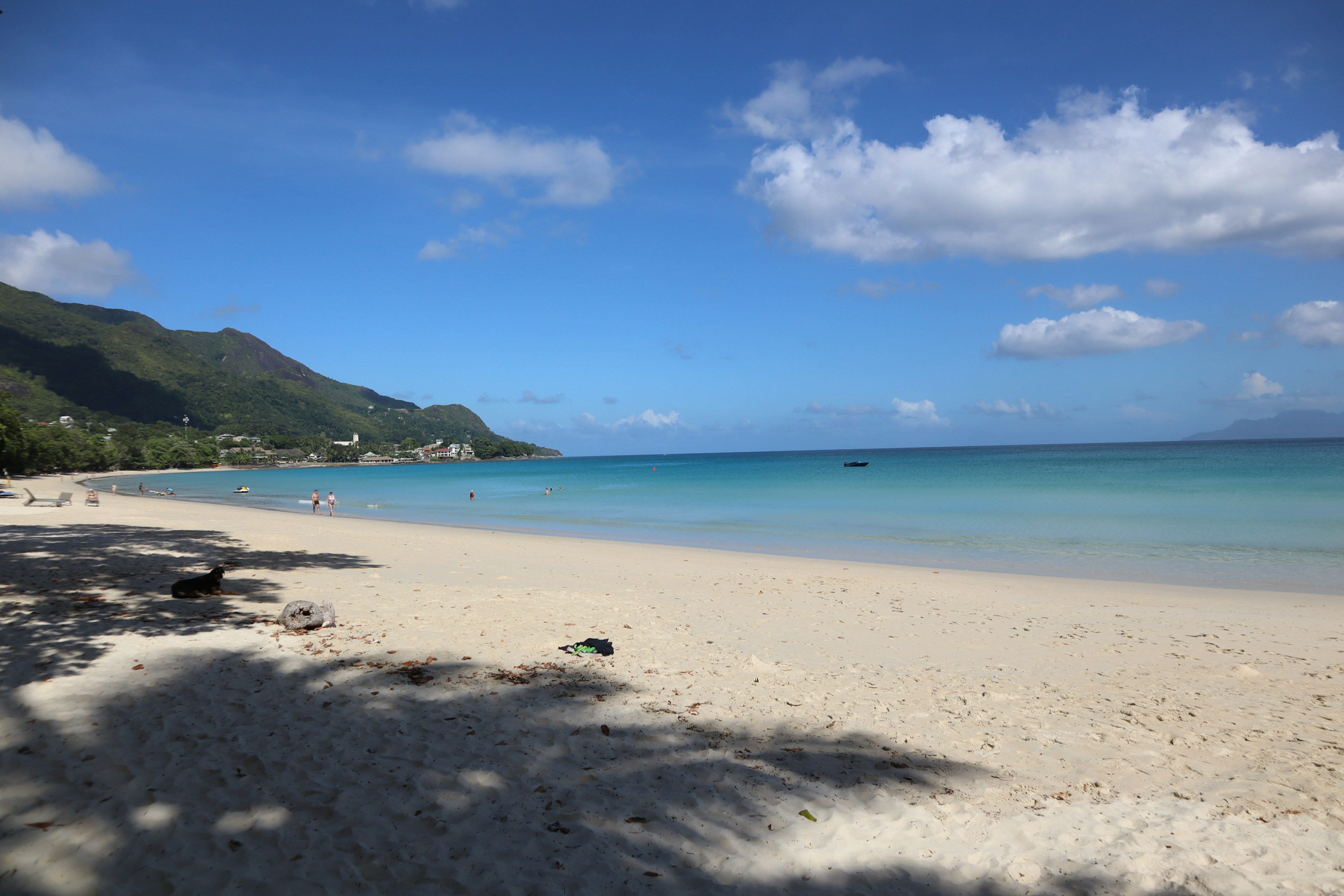 Bellissima scena di spiaggia con mare blu e sabbia bianca