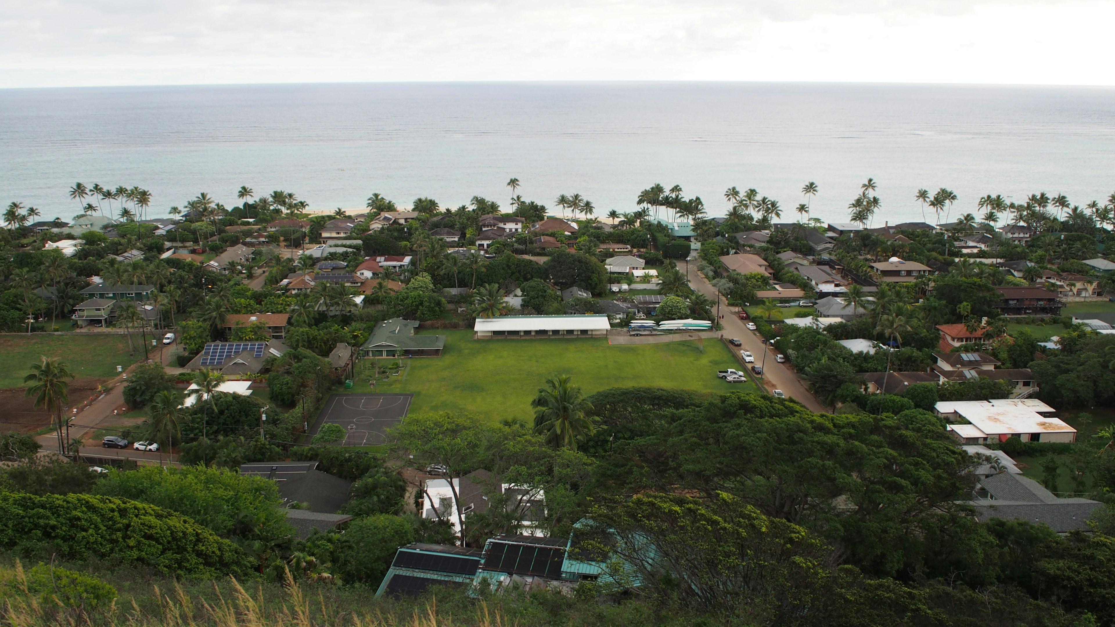 Vue aérienne d'une ville côtière avec verdure luxuriante et maisons