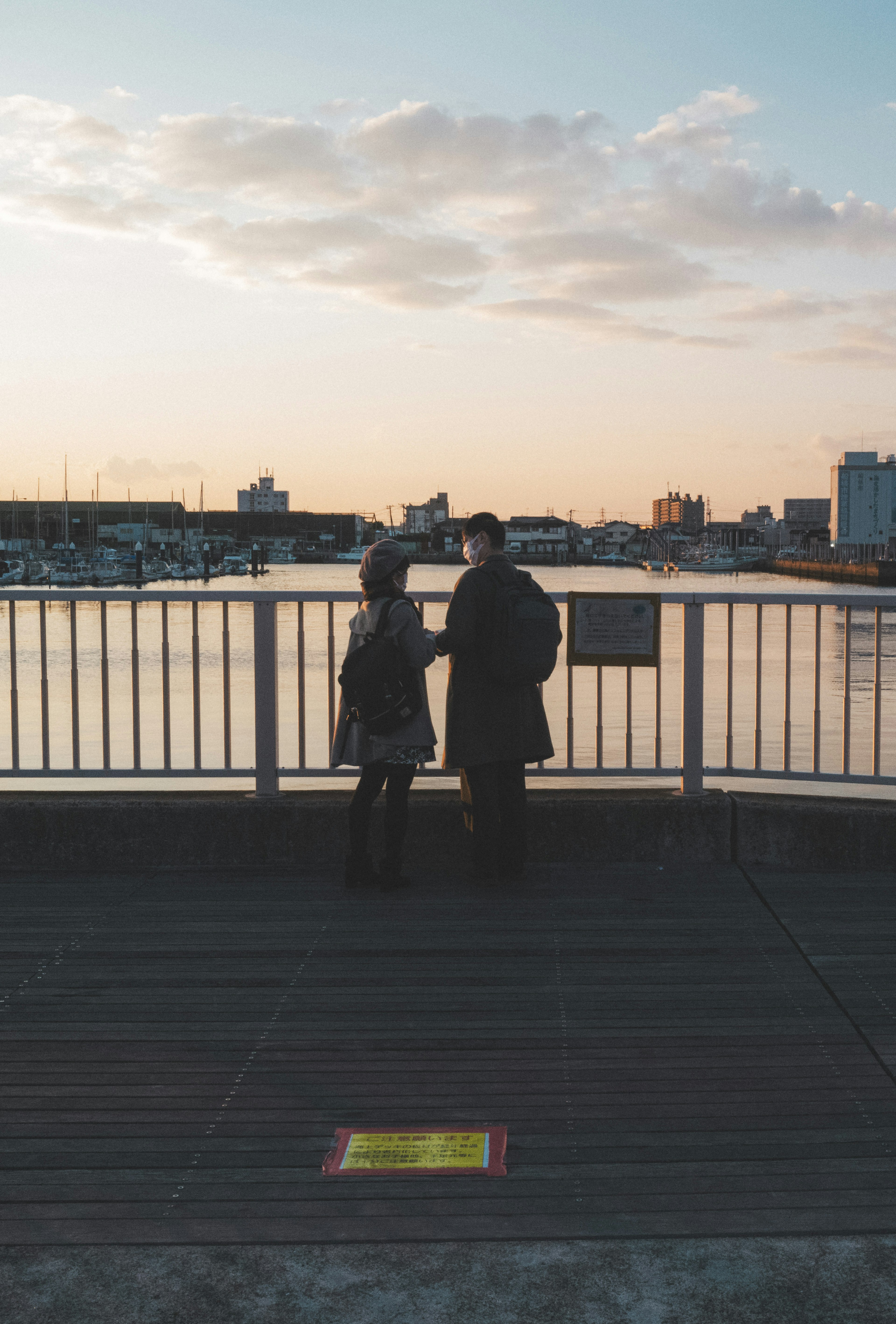 Two people standing by the waterfront watching the sunset