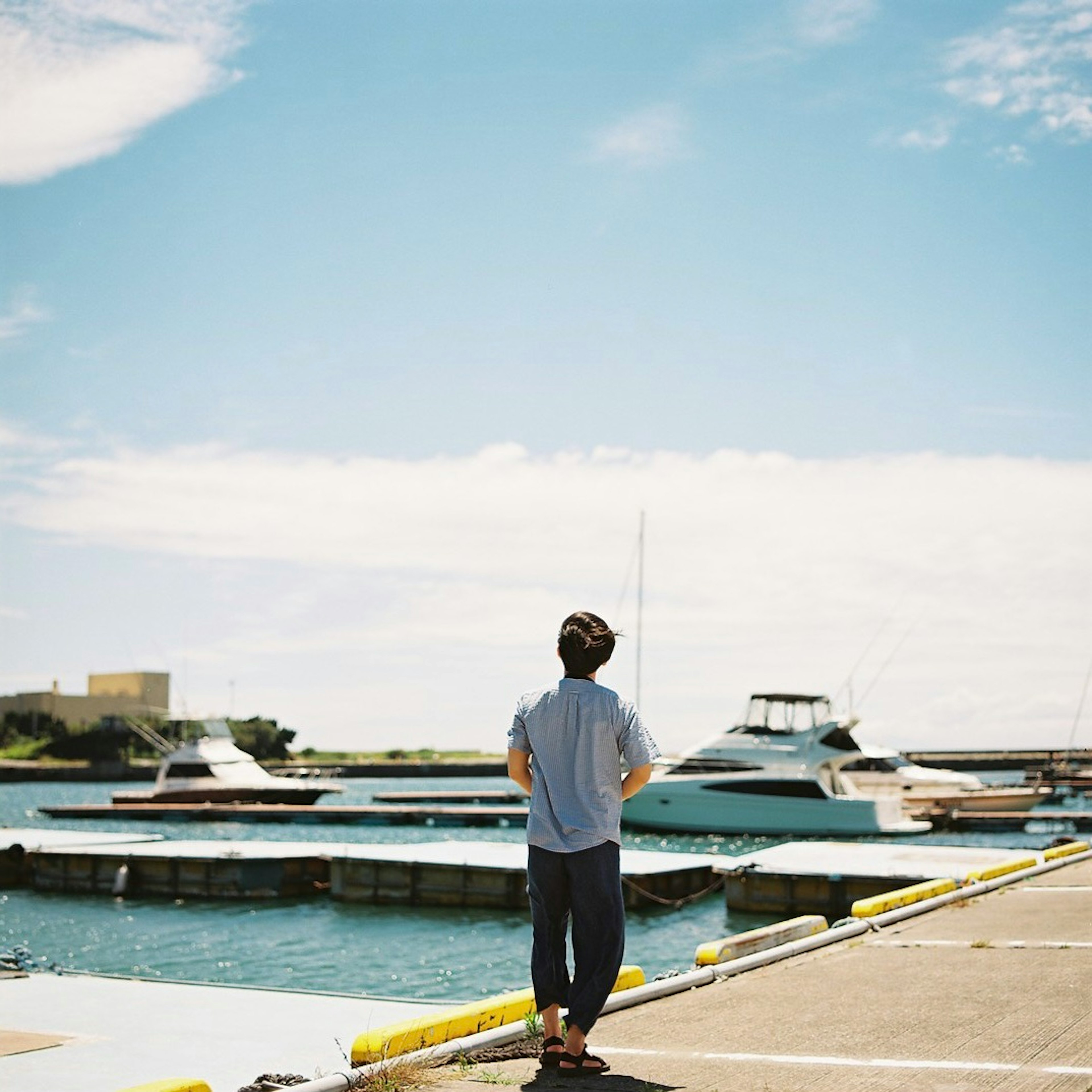 ชายคนหนึ่งมองเรือในท่าเรือใต้ท้องฟ้าสีฟ้าใส