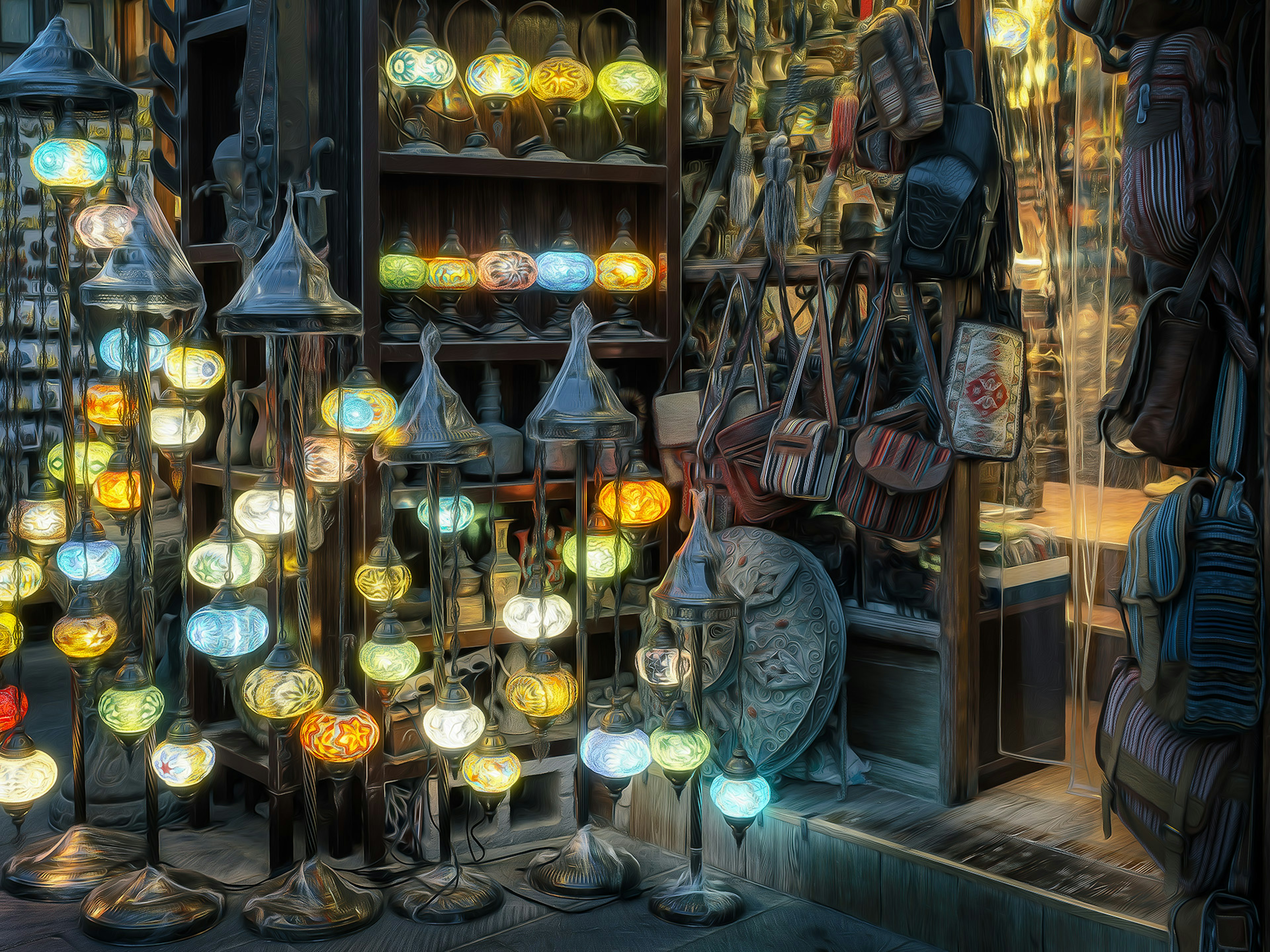 Shop exterior featuring colorful lamps and leather bags