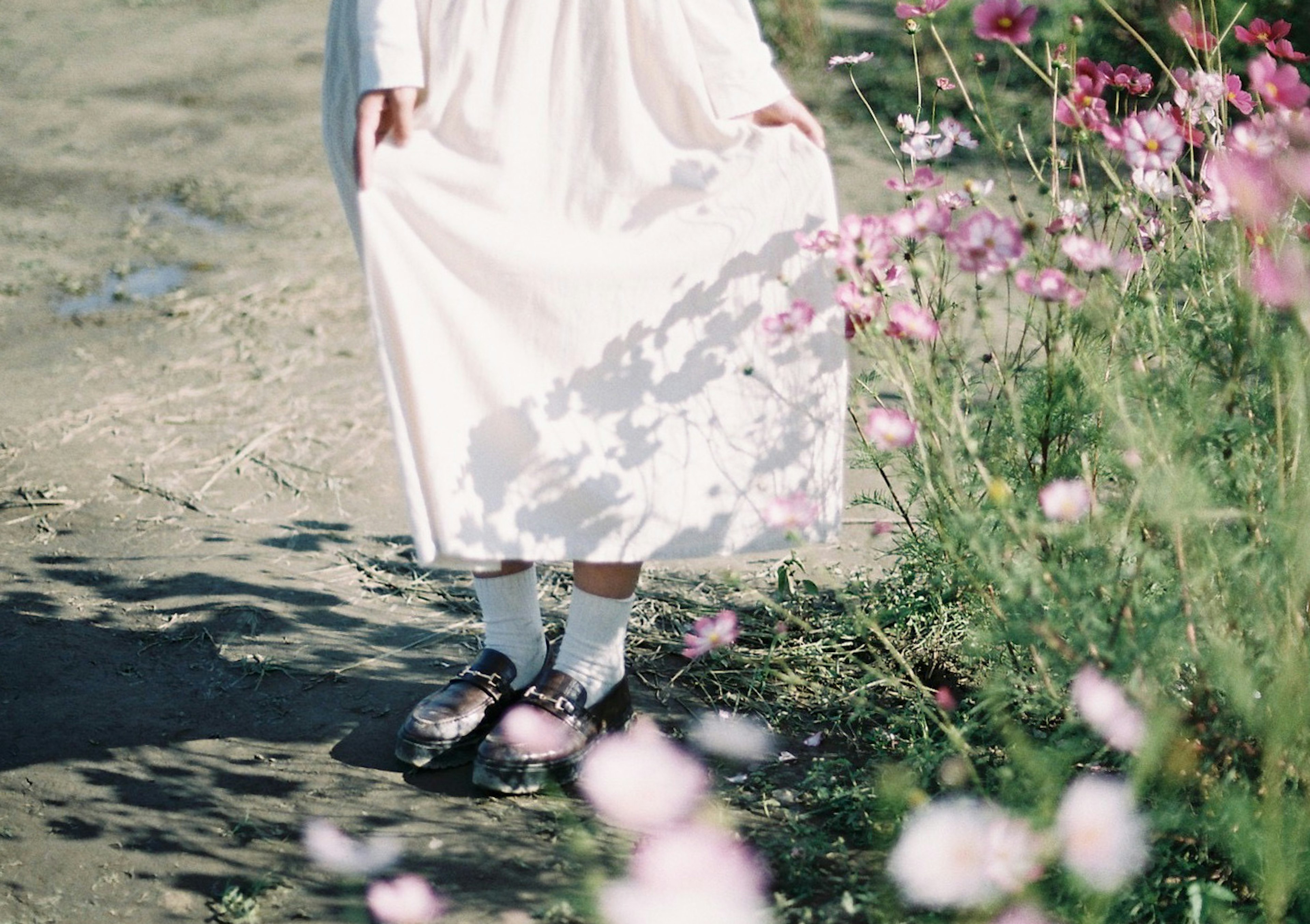 Woman in a white dress standing among flowers