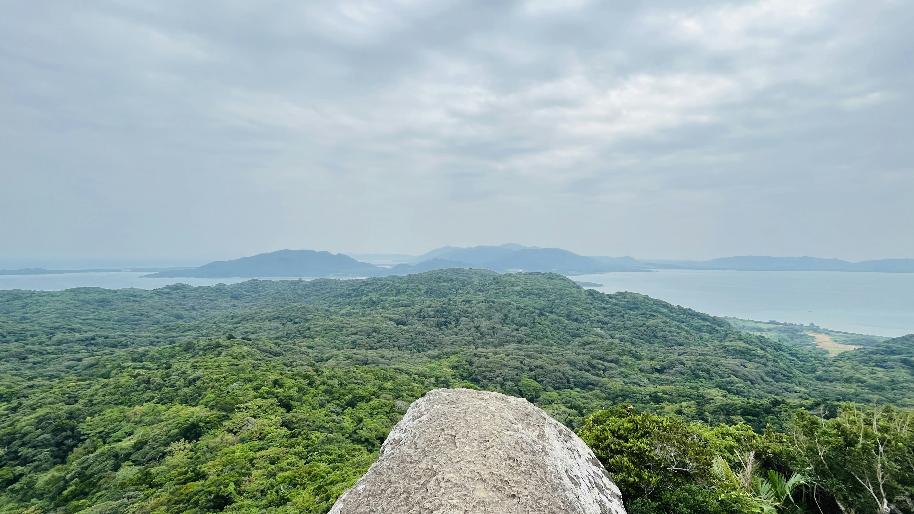 緑豊かな山々と海の景色を見渡す展望台の風景