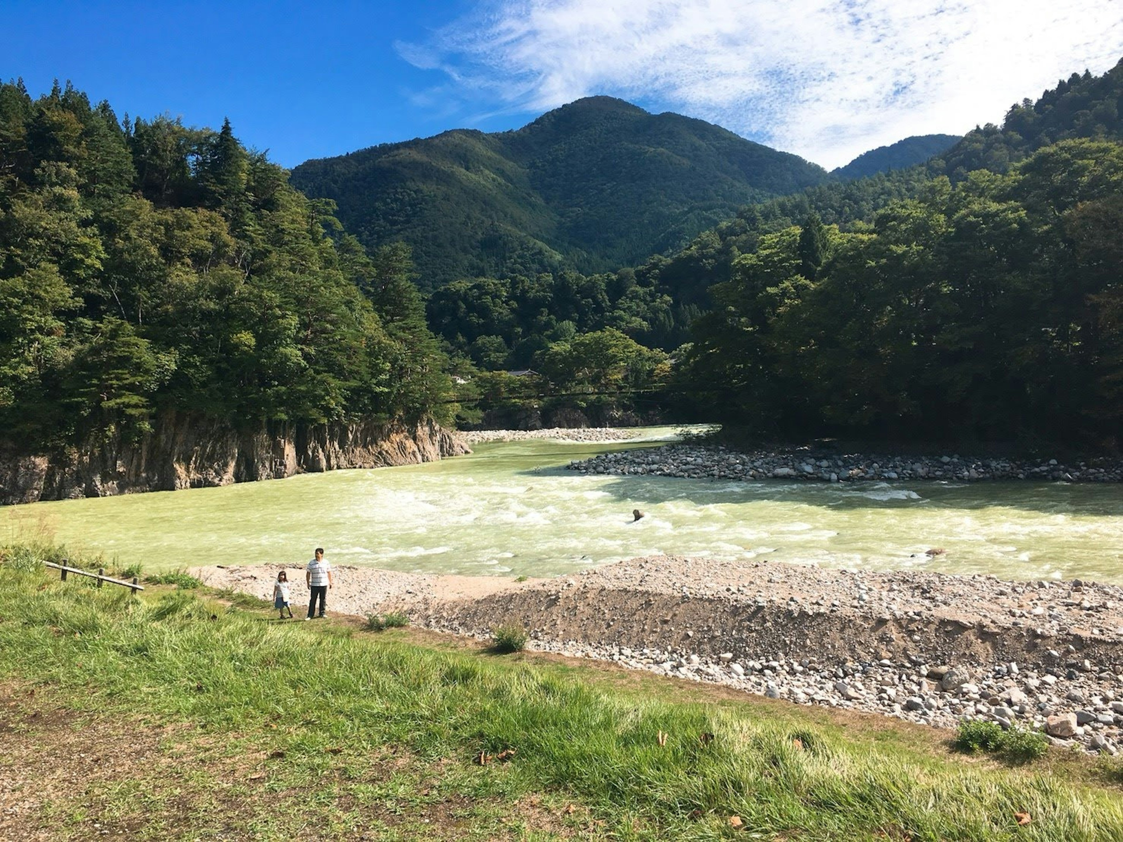 美しい山々に囲まれた緑色の川と二人の人間