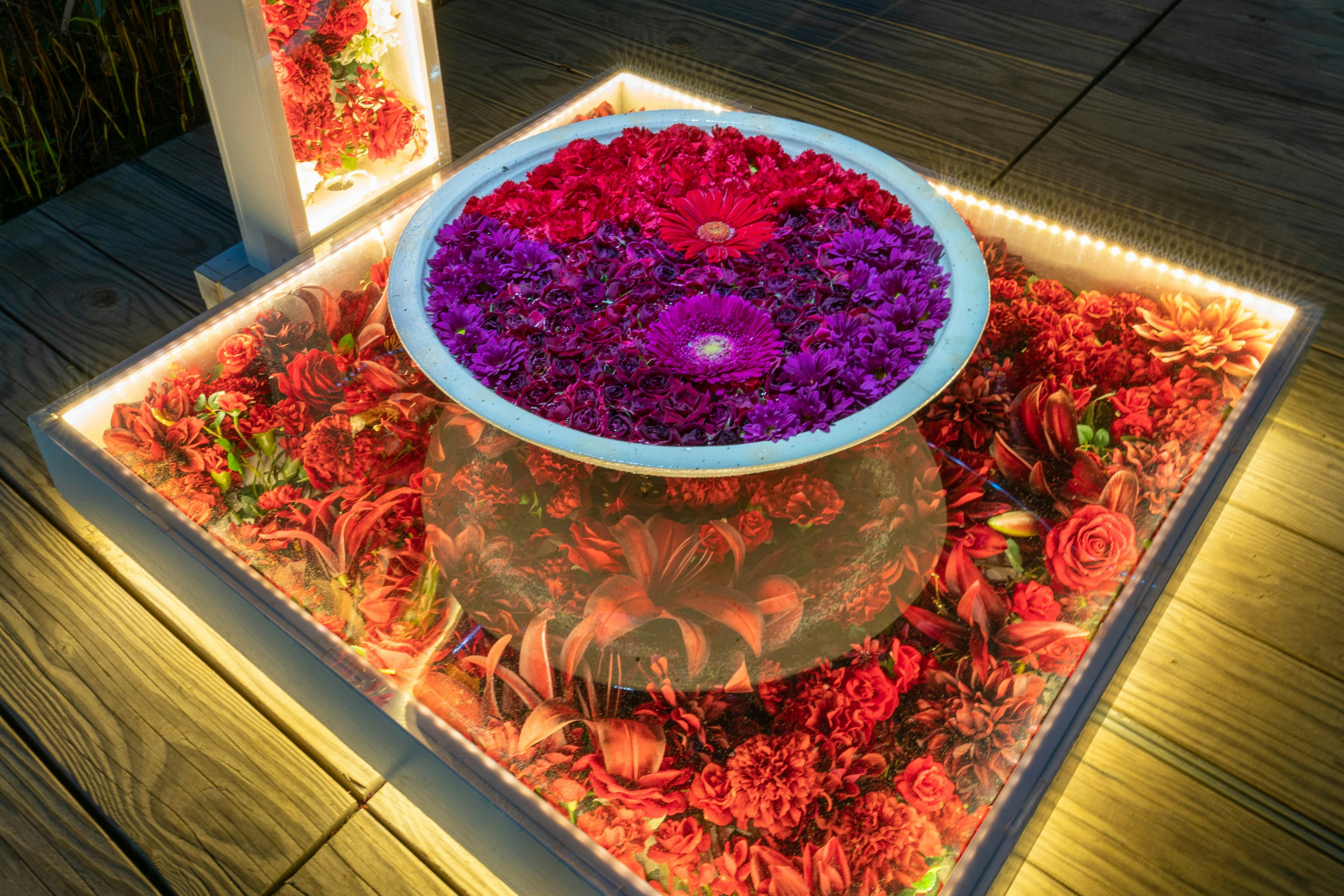 Decorative bowl filled with vibrant red and purple flowers