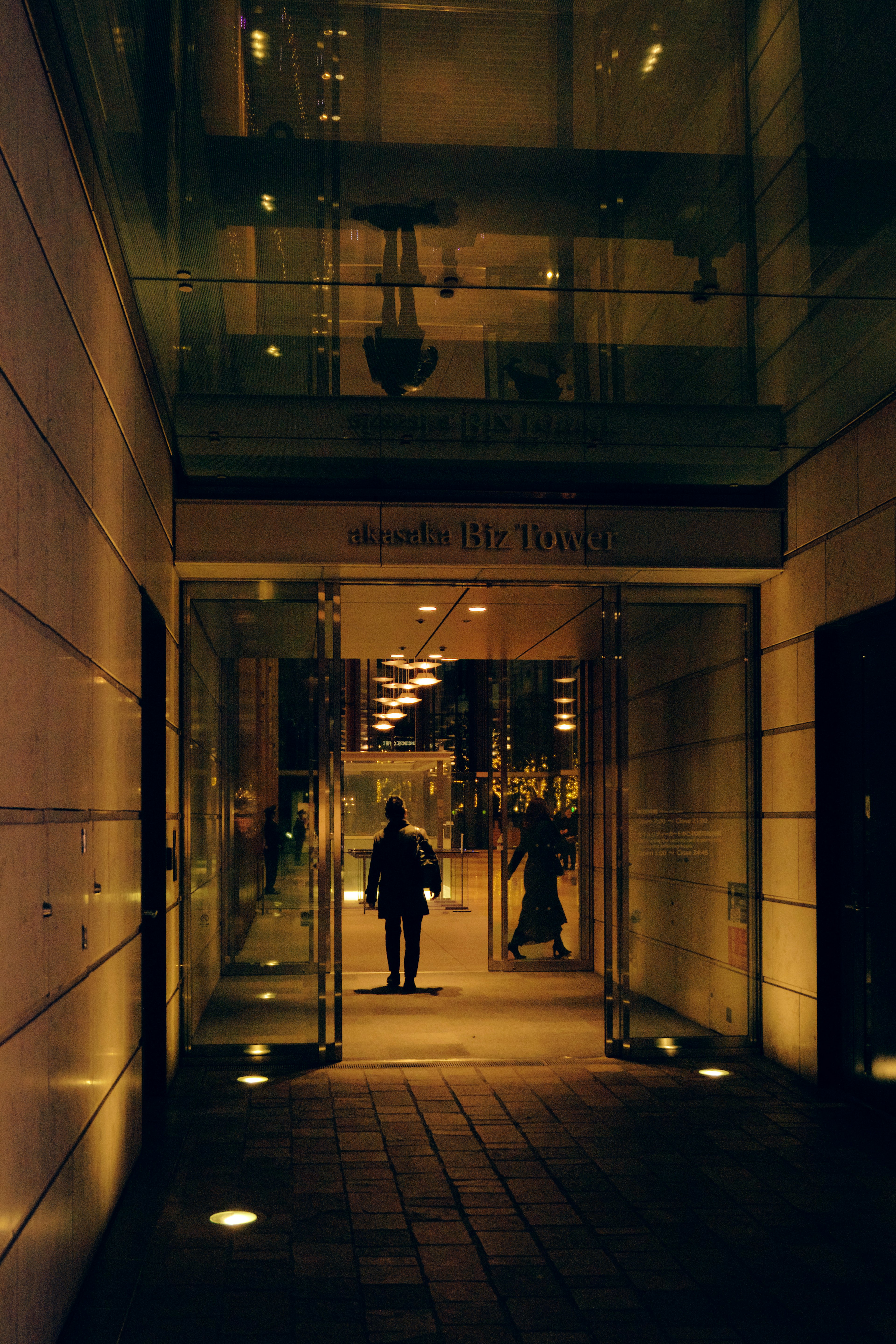 Silhouette of a person walking through a dimly lit corridor with glass walls in an urban setting