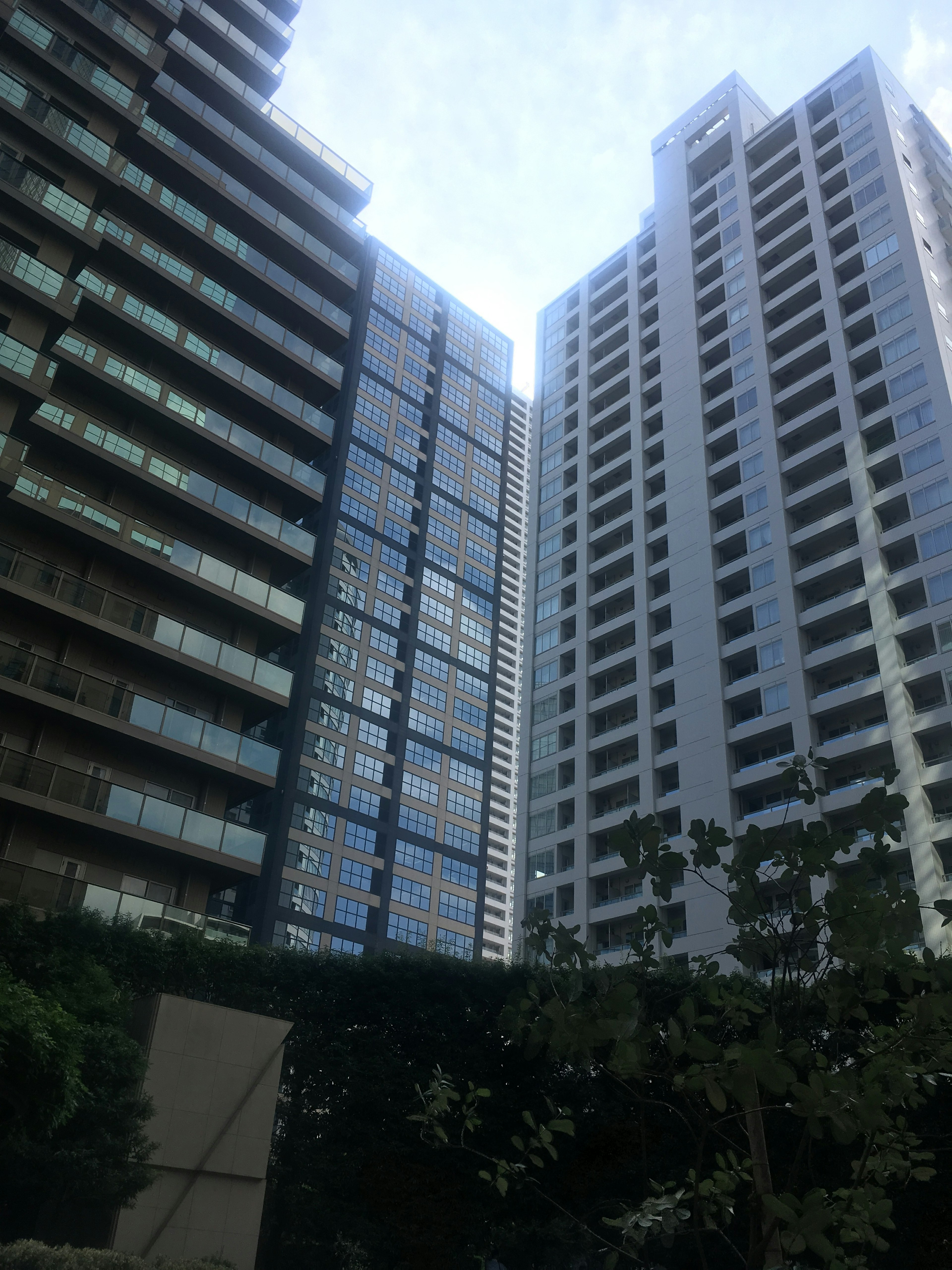 Urban skyline featuring tall buildings with a glass facade on the left and a white exterior on the right, greenery visible below