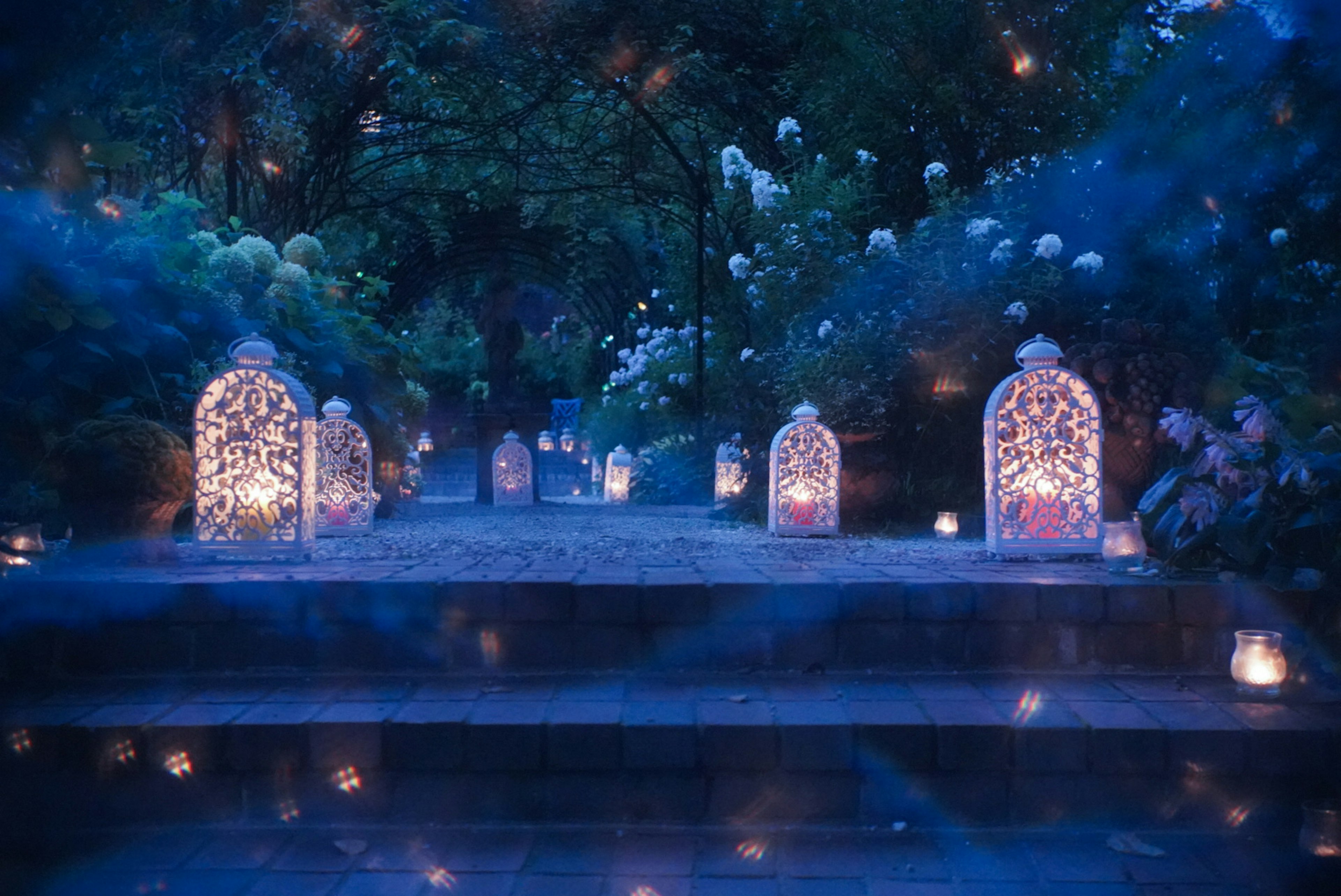 Sentiero in un giardino illuminato da lanterne circondate da fiori