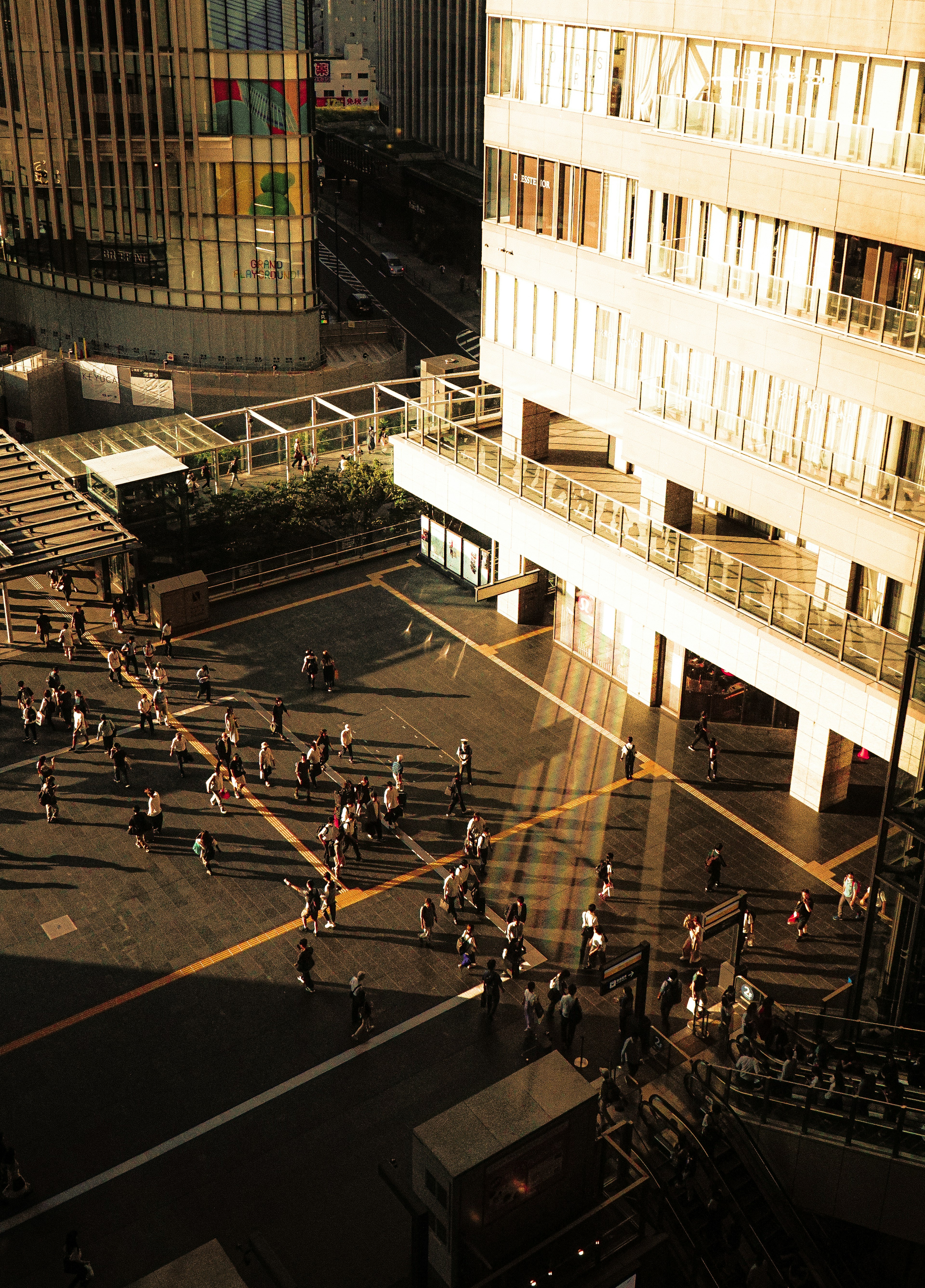 Urban scene with people walking under sunset light