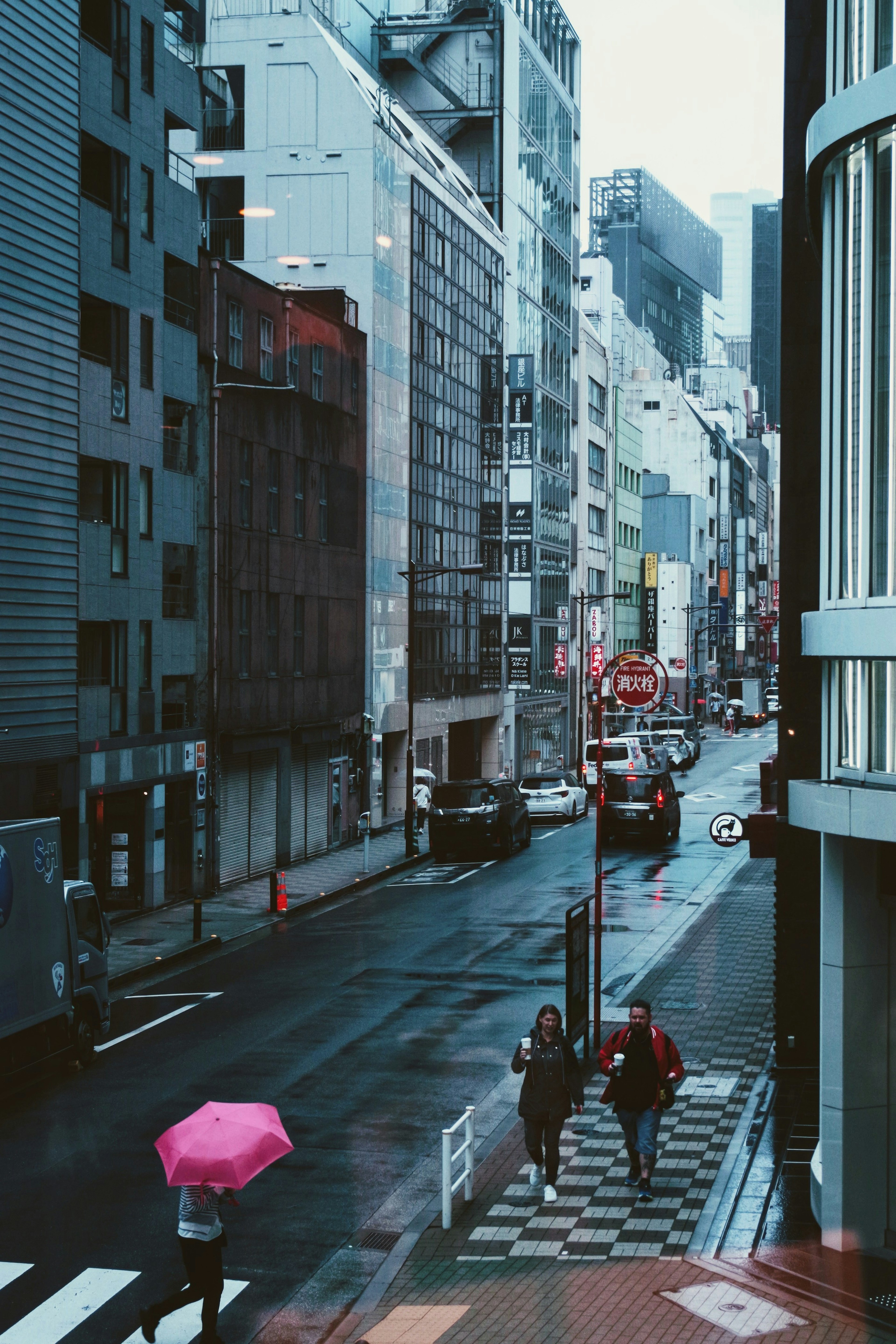 Urban street scene on a rainy day with pedestrians carrying umbrellas and modern buildings