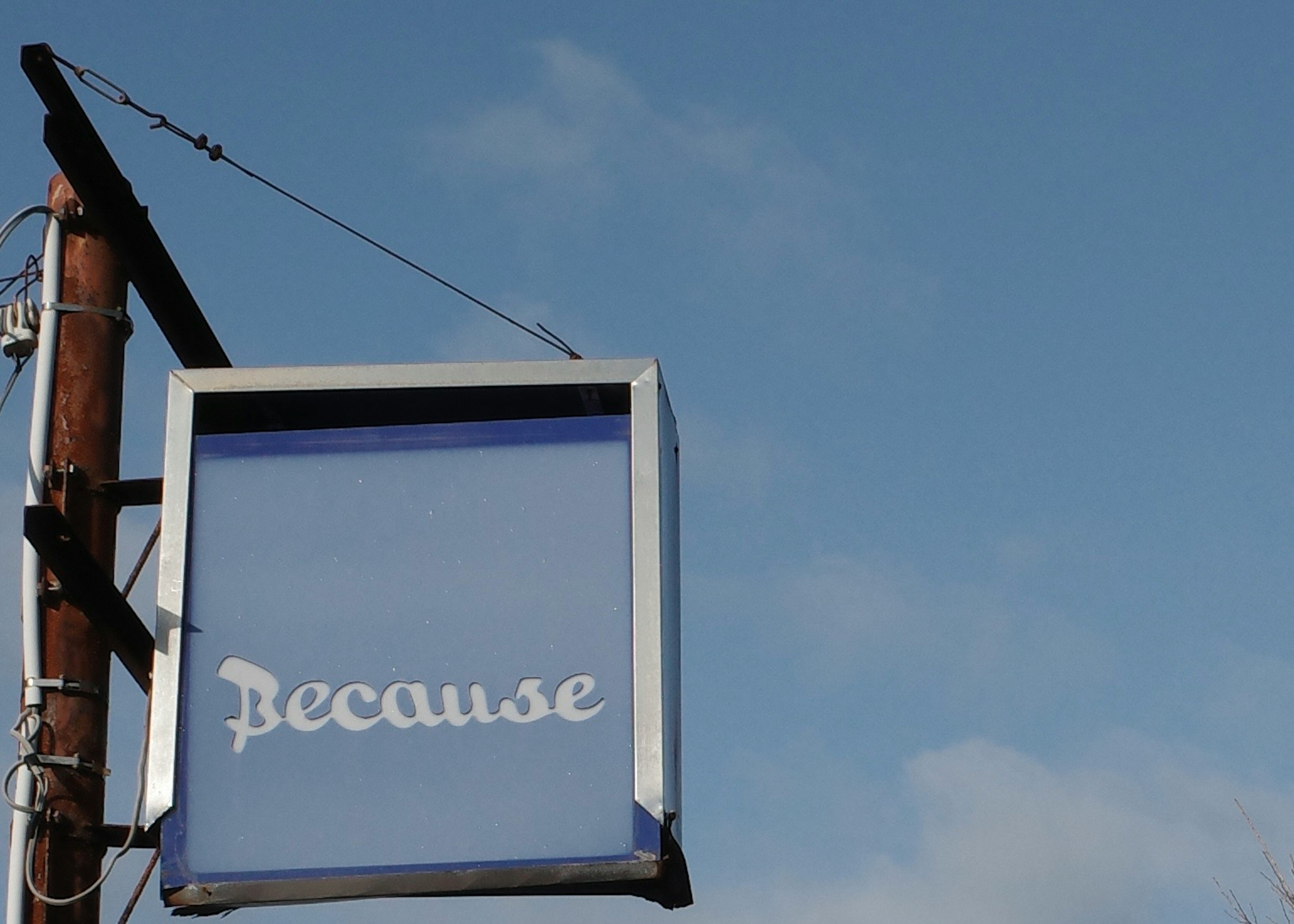 A blue sign with the word 'because' in white letters against a blue sky