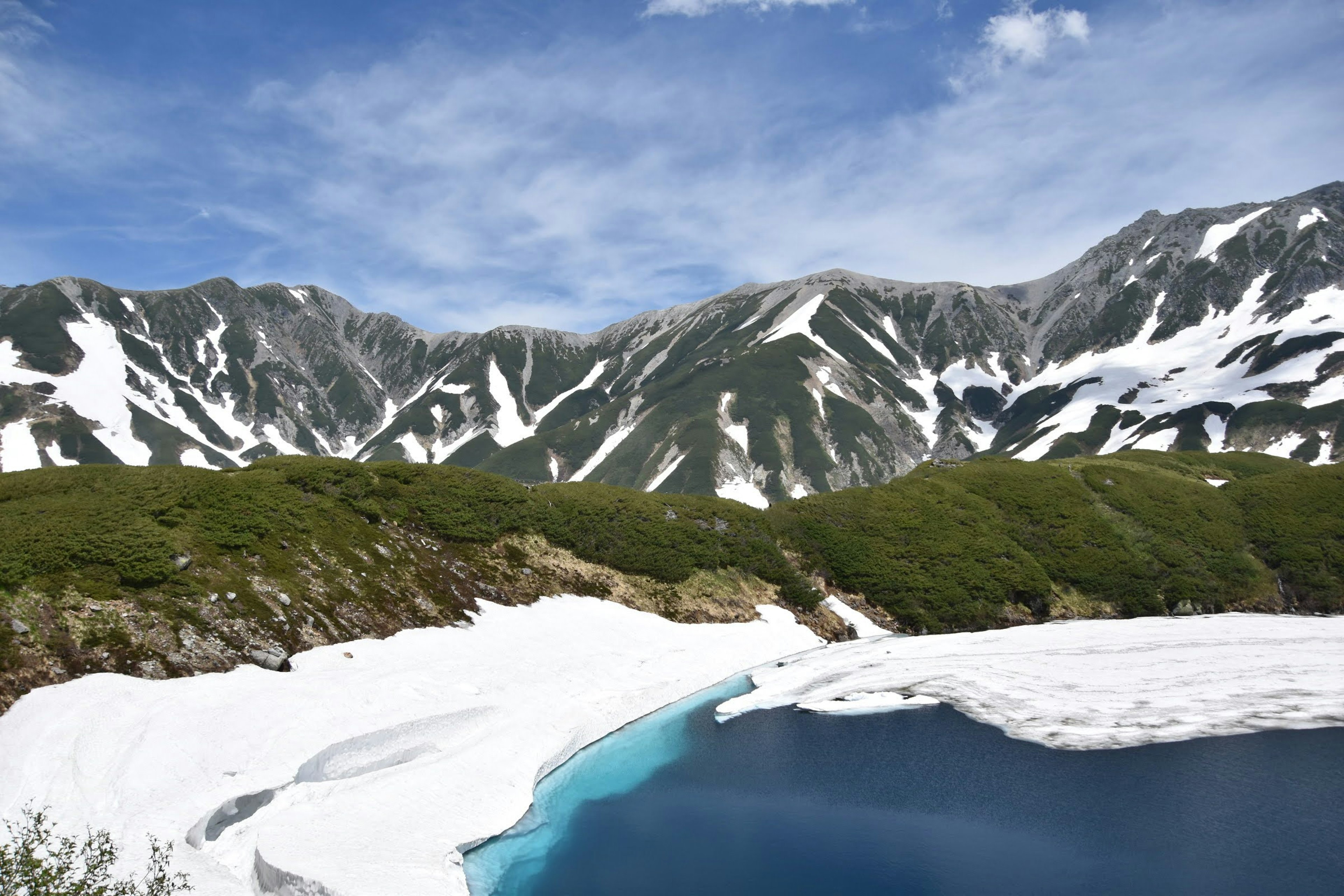 Eine atemberaubende Landschaft mit majestätischen Bergen und einem blauen See mit verbleibendem Schnee und grünem Laub