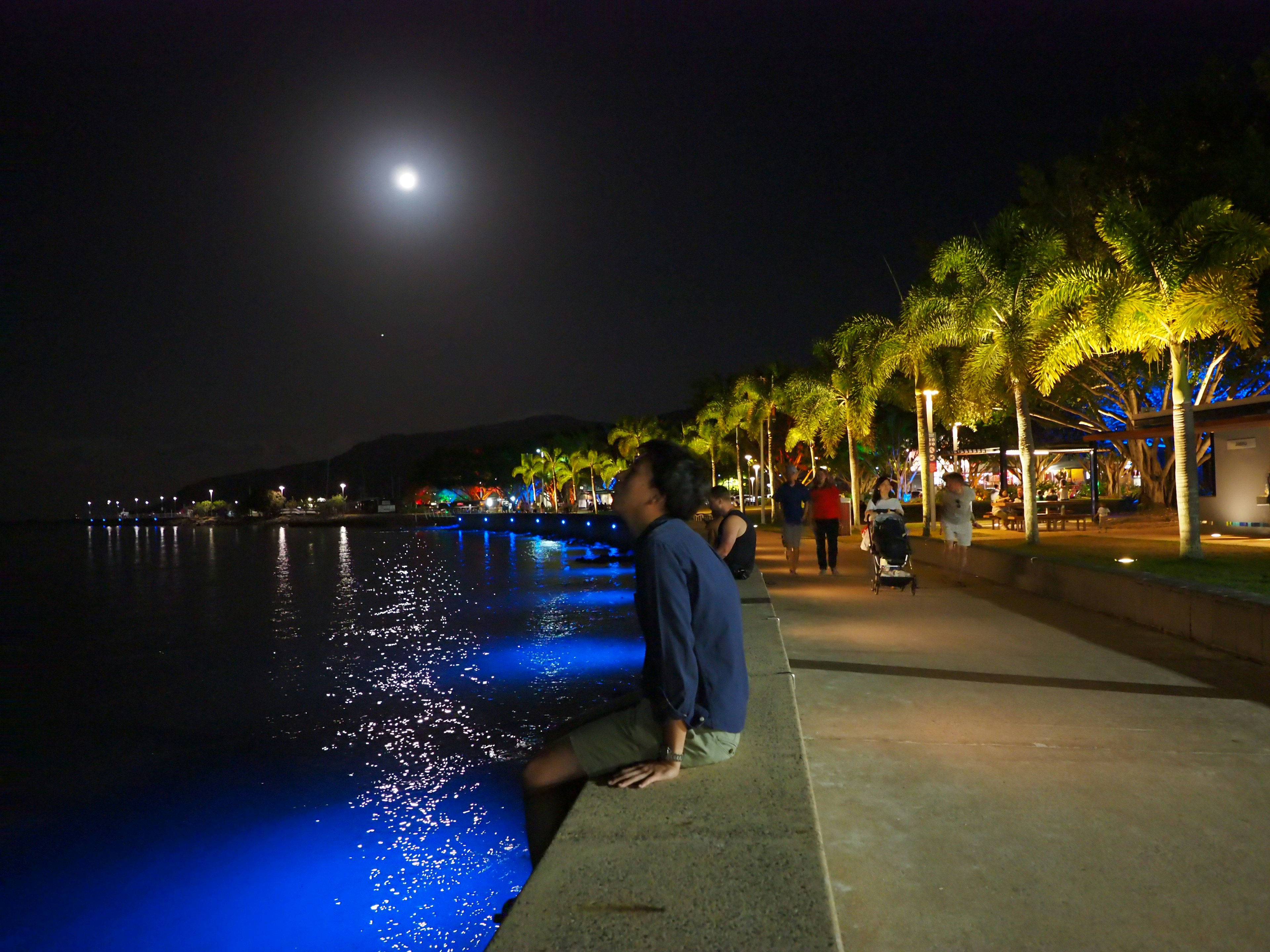 夜晚海邊坐著的男子在月光下，水面泛著藍光