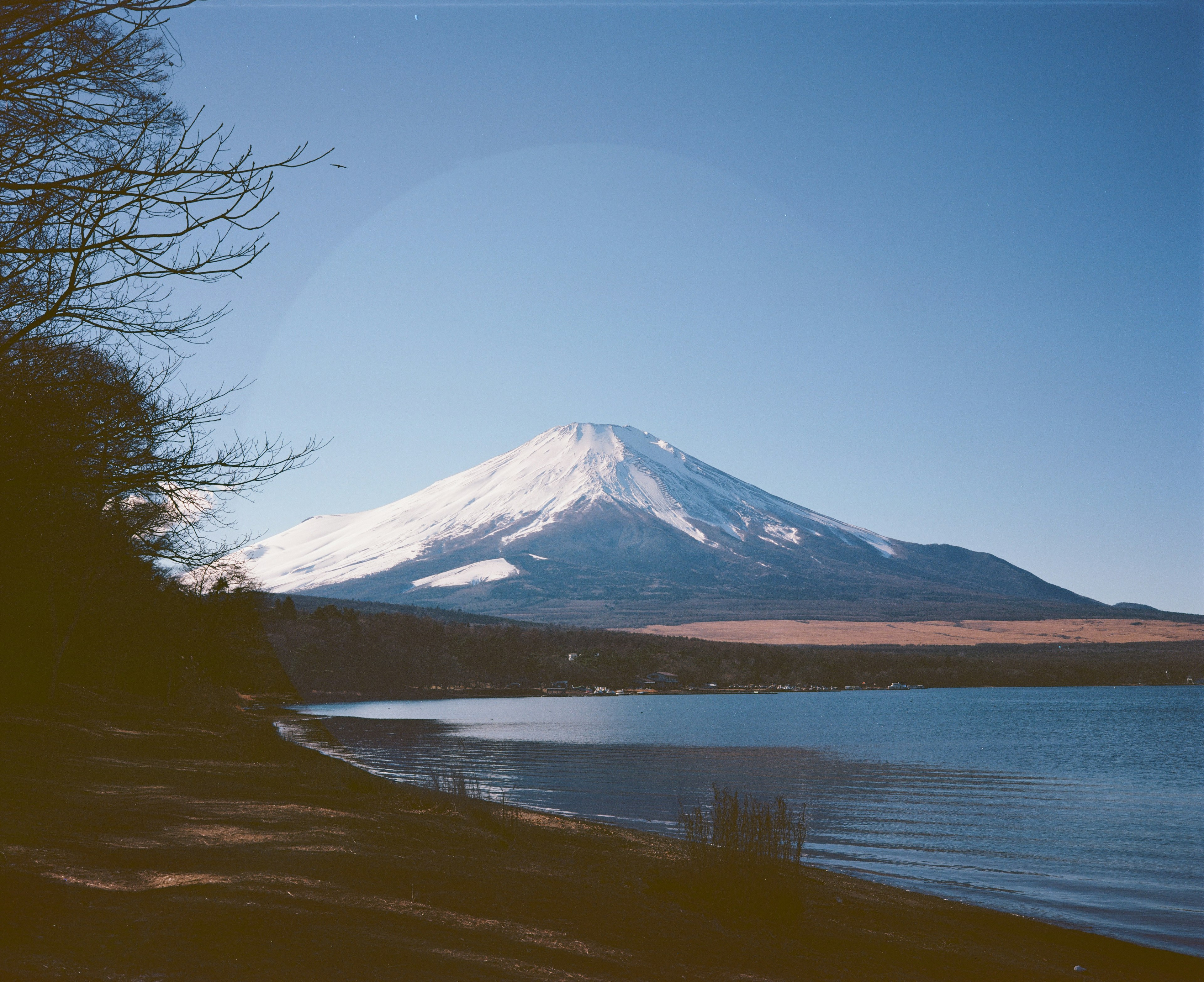 富士山の雪に覆われた頂上が青空の下に広がる美しい風景