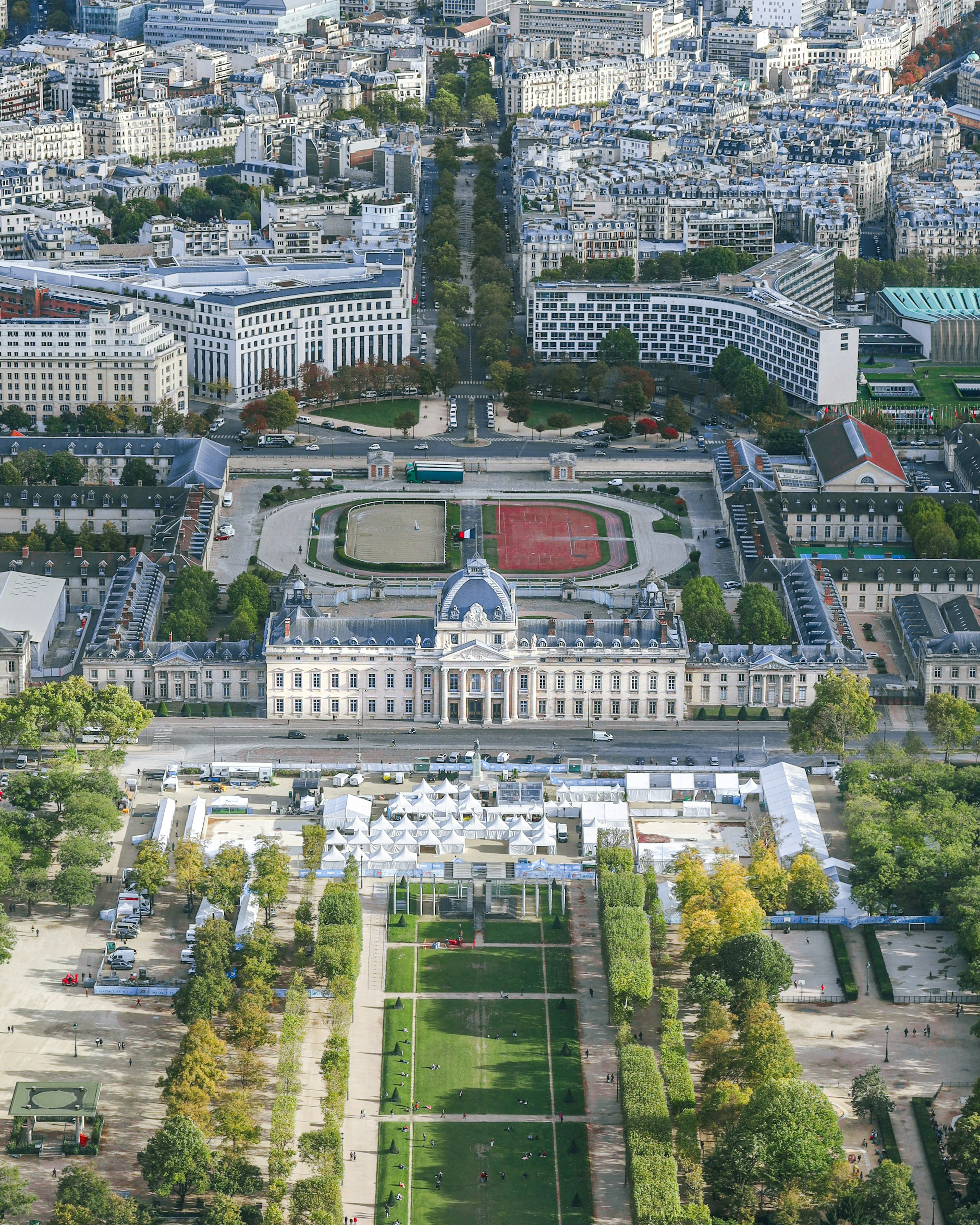 Aerial view of a beautiful park and buildings in Paris