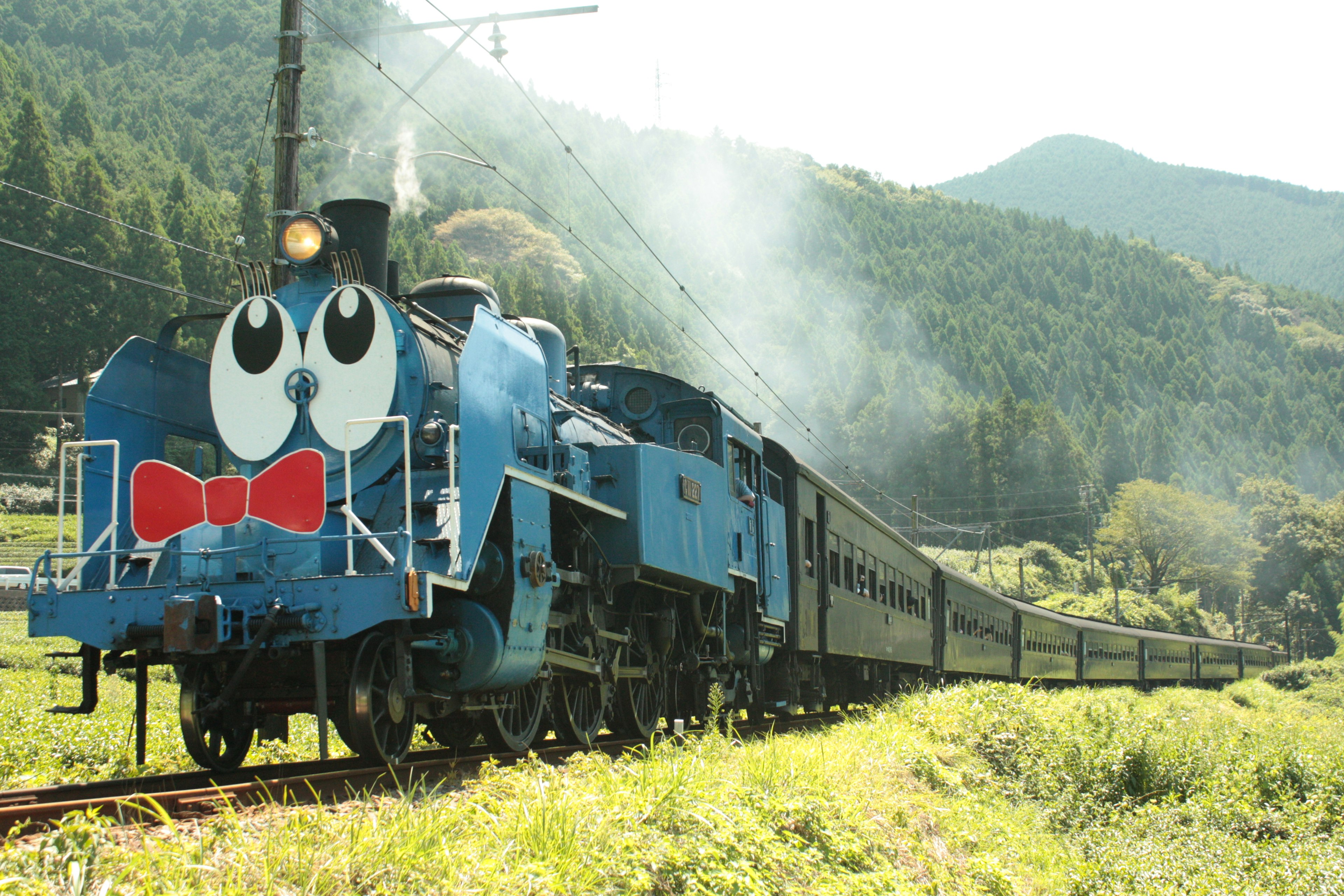 Una locomotora de vapor azul con ojos grandes y un diseño de pajarita viajando a través de un paisaje montañoso