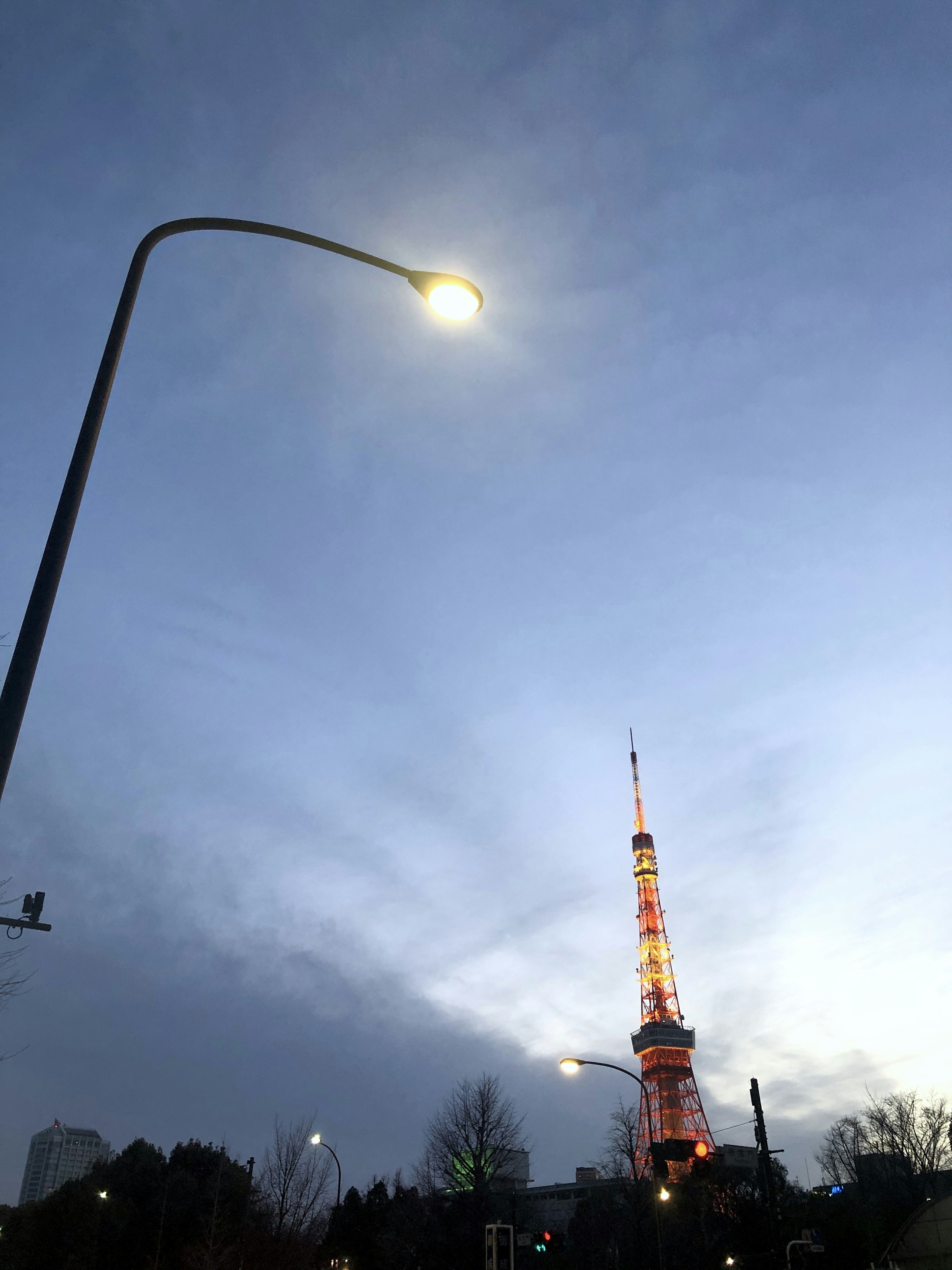 Torre de Tokio iluminada al anochecer con una farola en primer plano