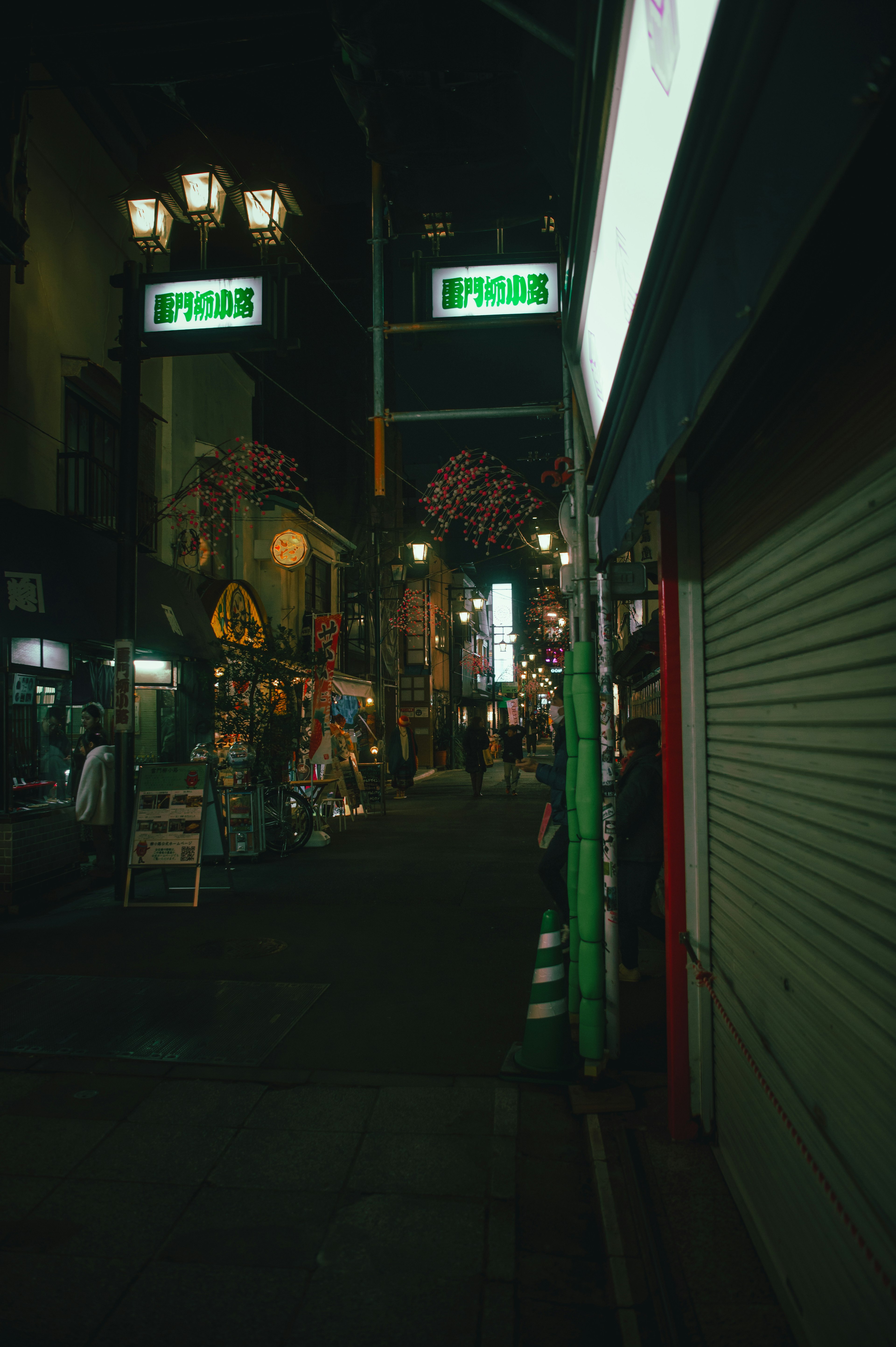 Escena nocturna de una calle con tiendas y farolas