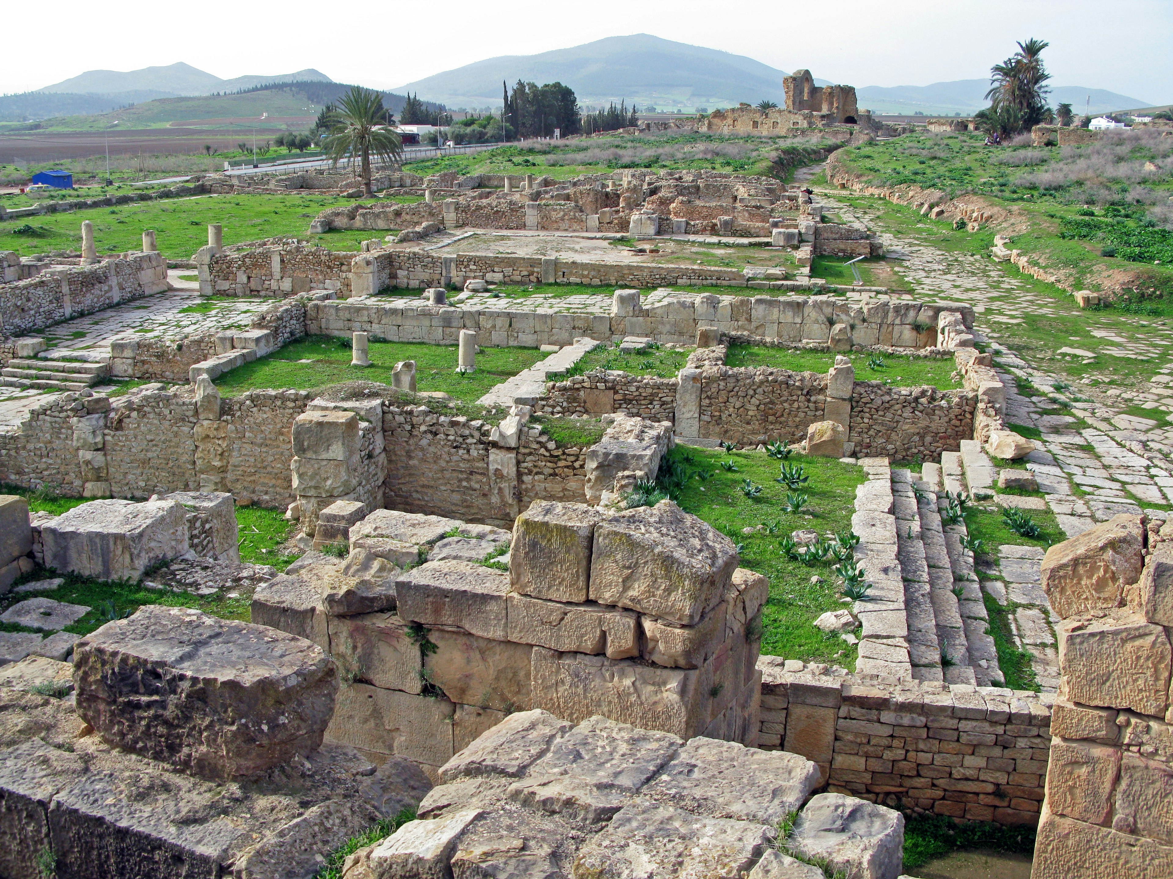 Ruinas antiguas con estructuras de piedra y paisaje verde bajo un cielo despejado