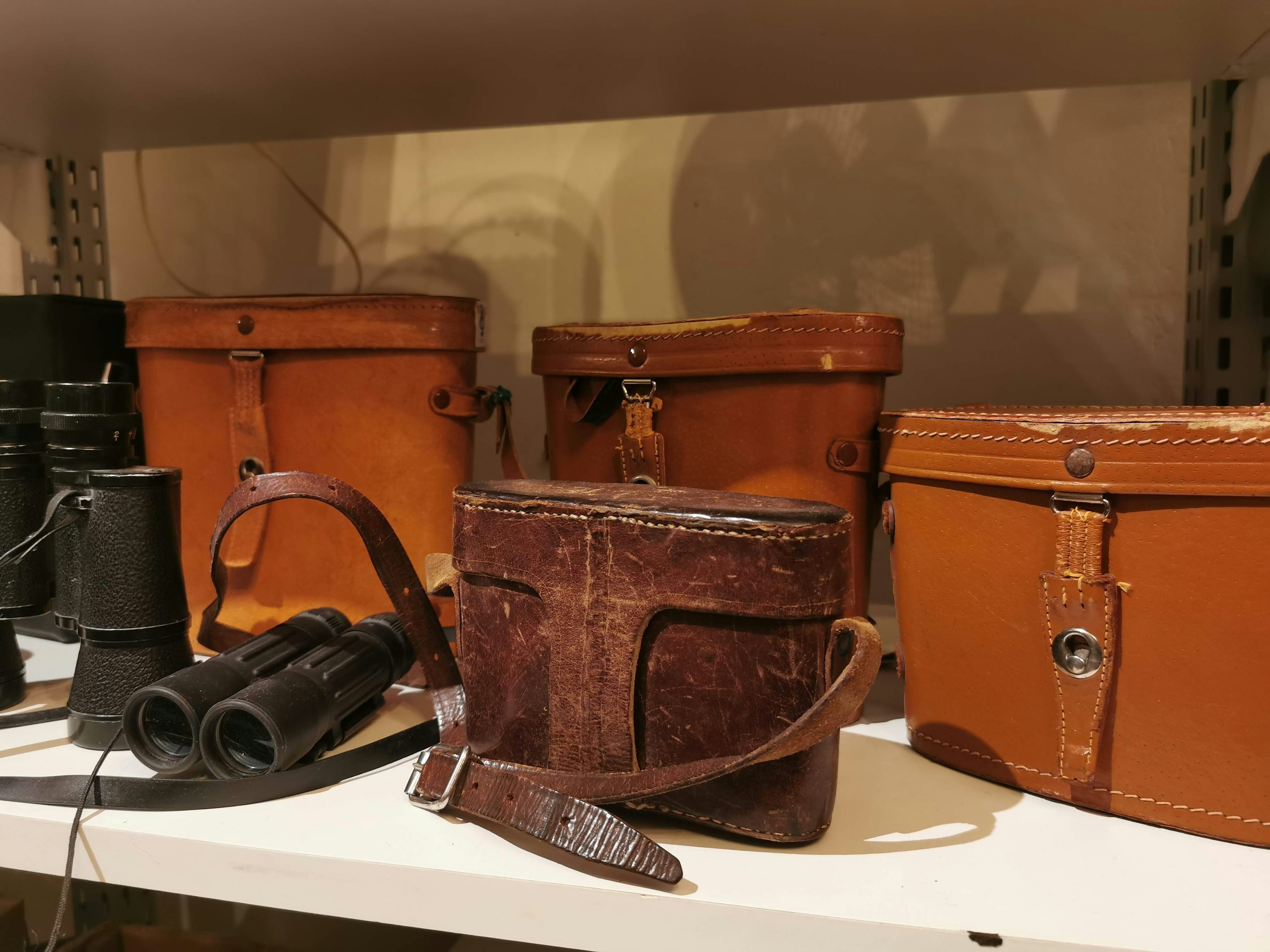 A display of vintage camera cases and binoculars on a shelf