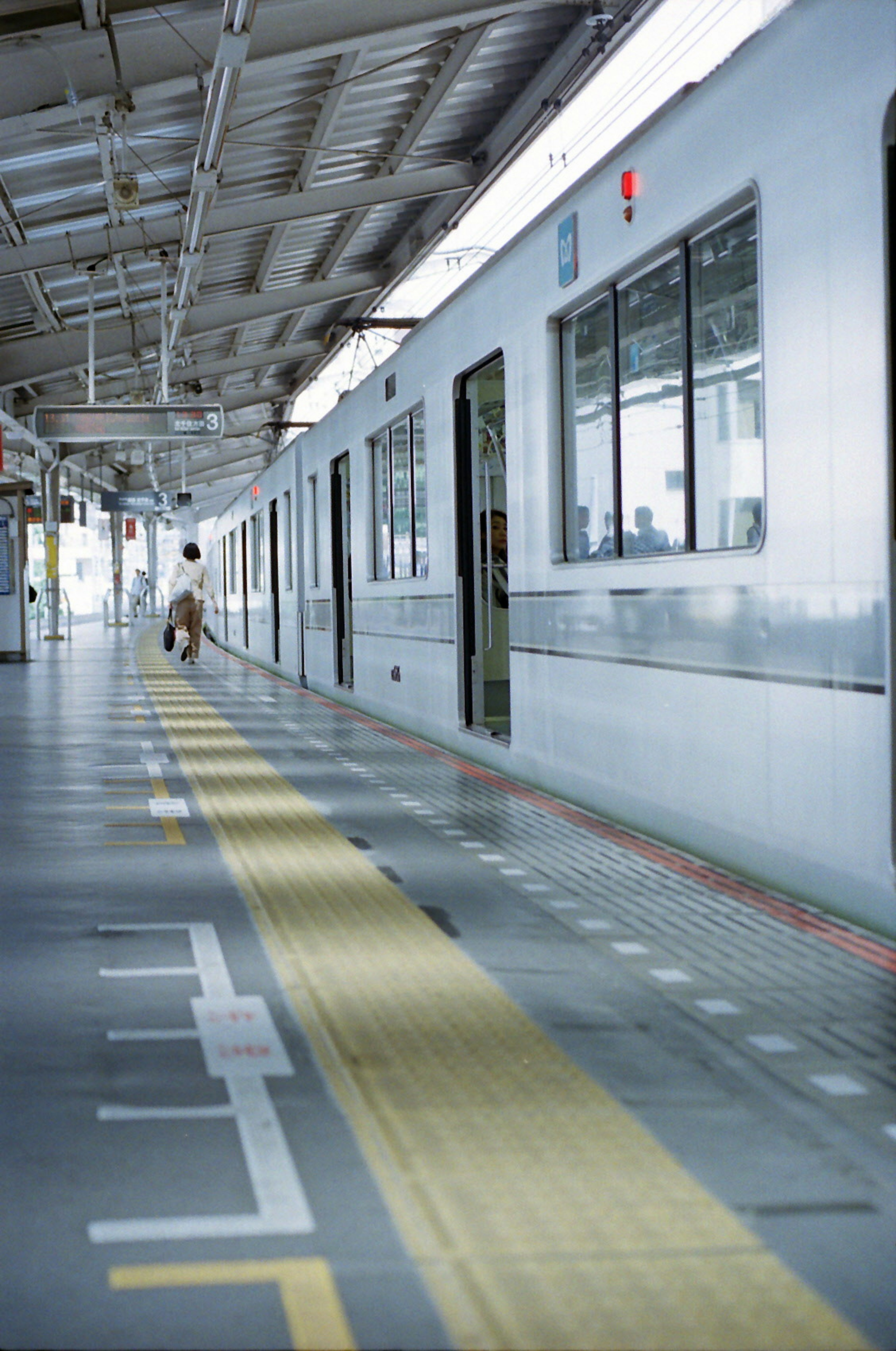 Train at a station platform with a passenger