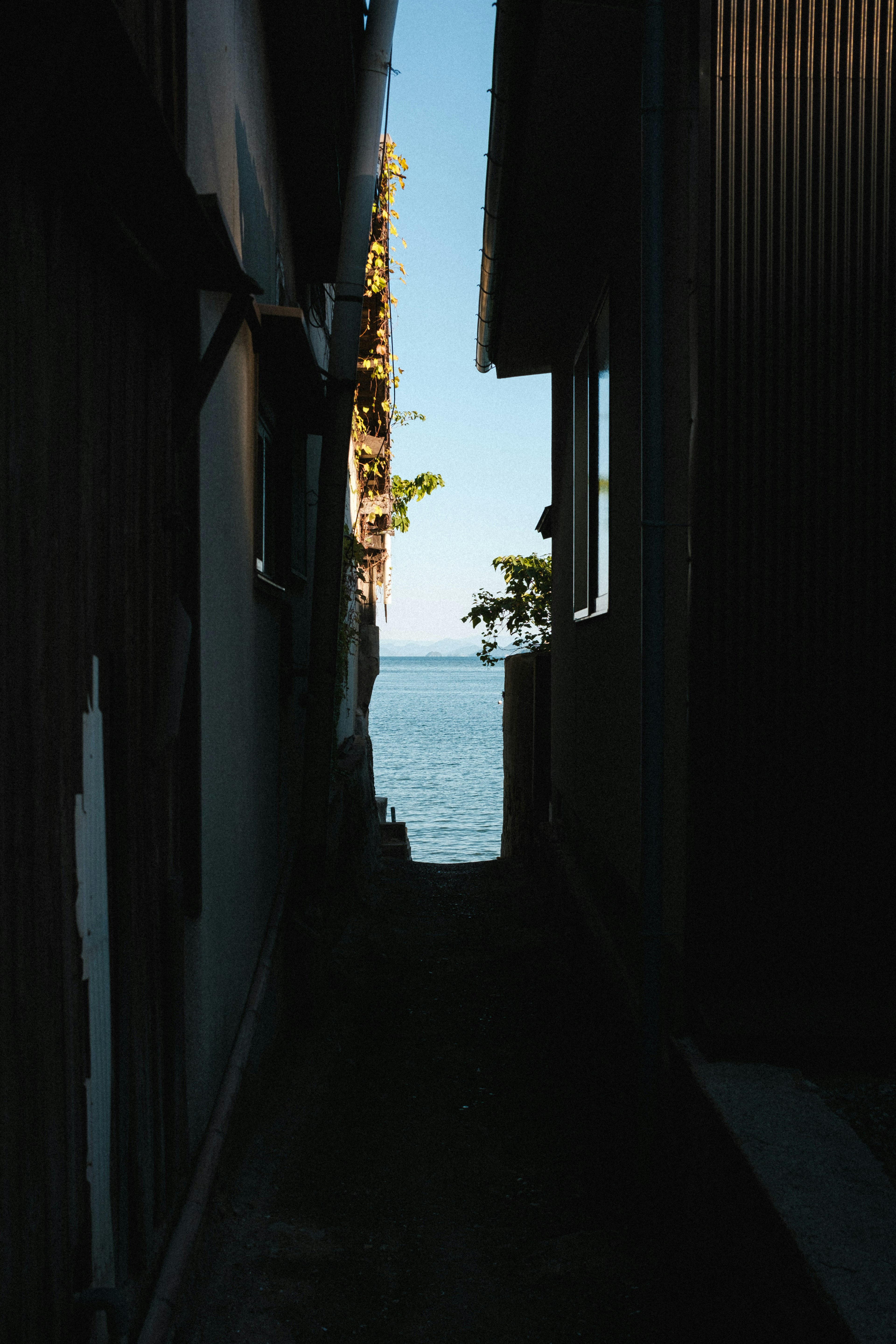 狭い通路の向こうに海が見える風景