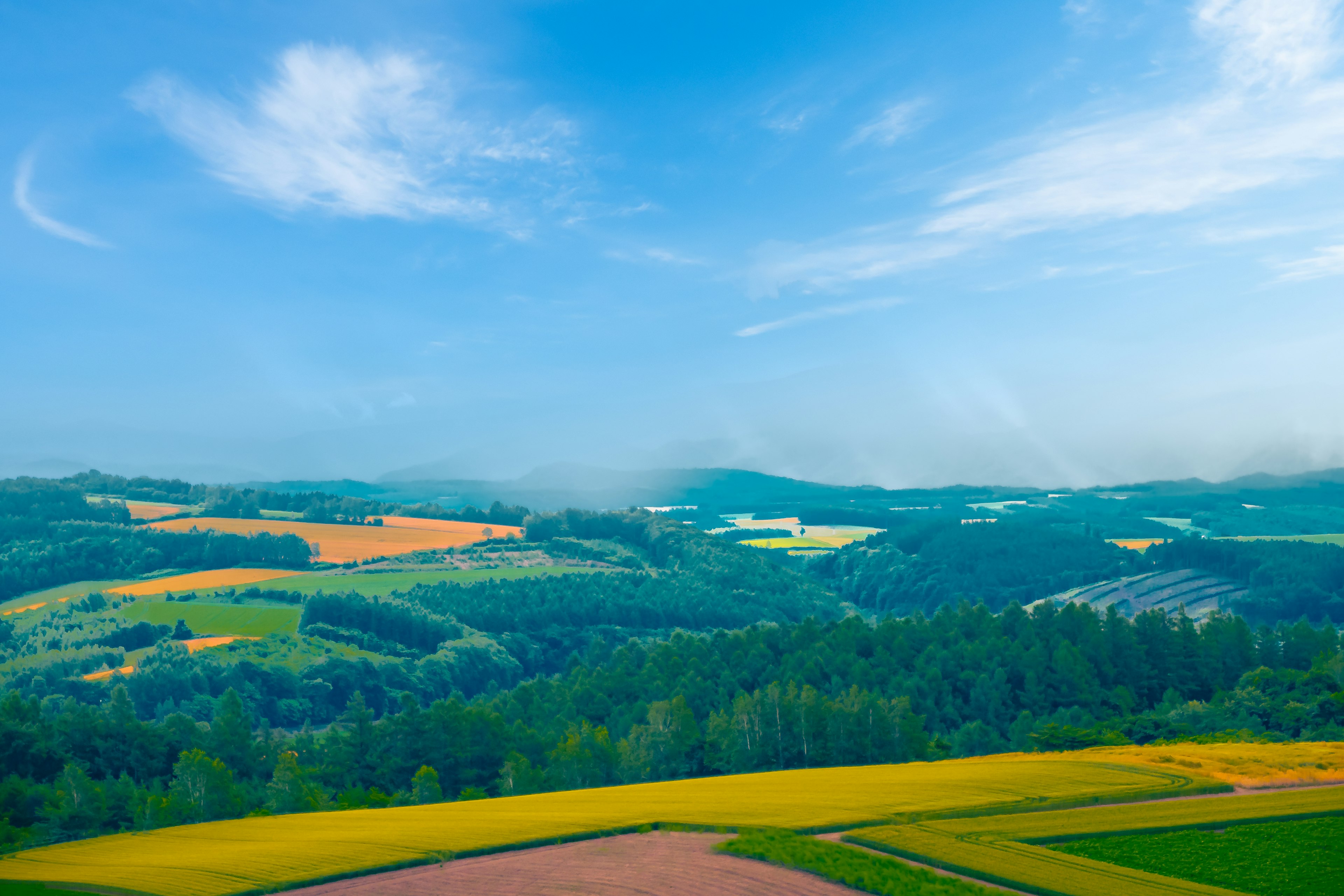 Scenic view of rolling green hills under a blue sky with fields of various crops