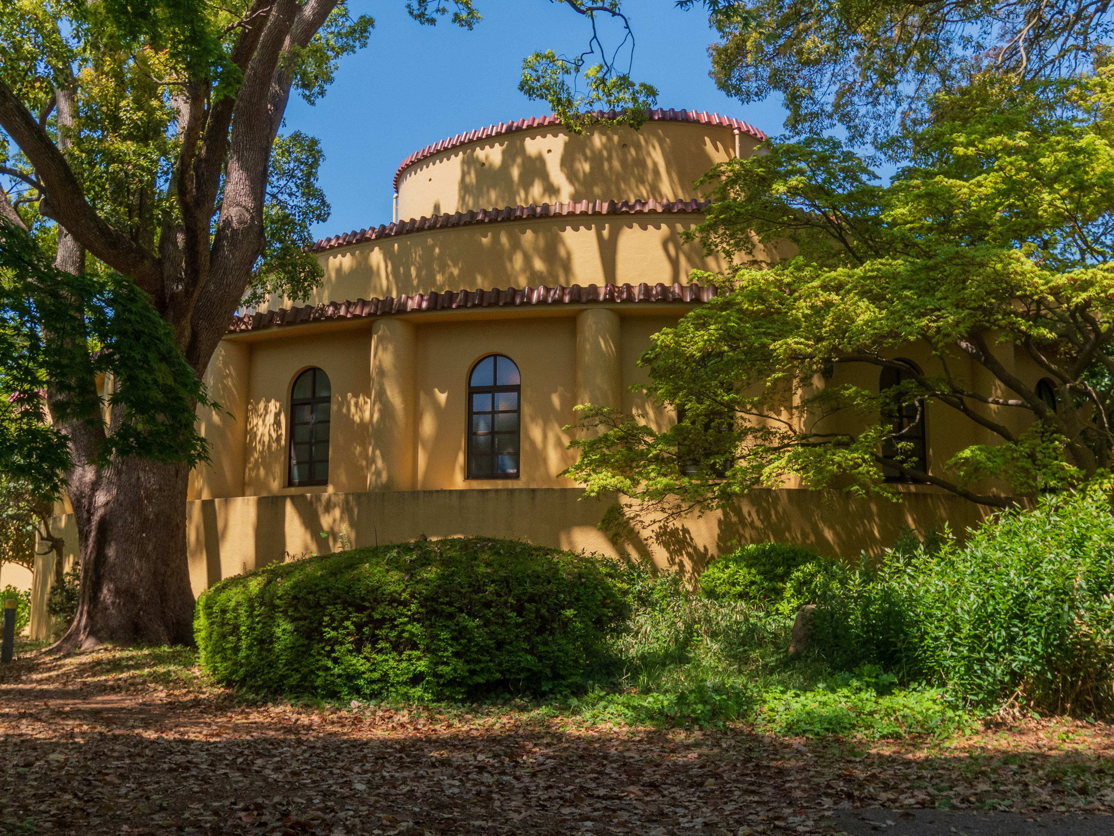 Bâtiment rond avec un extérieur jaune entouré de verdure et de grands arbres