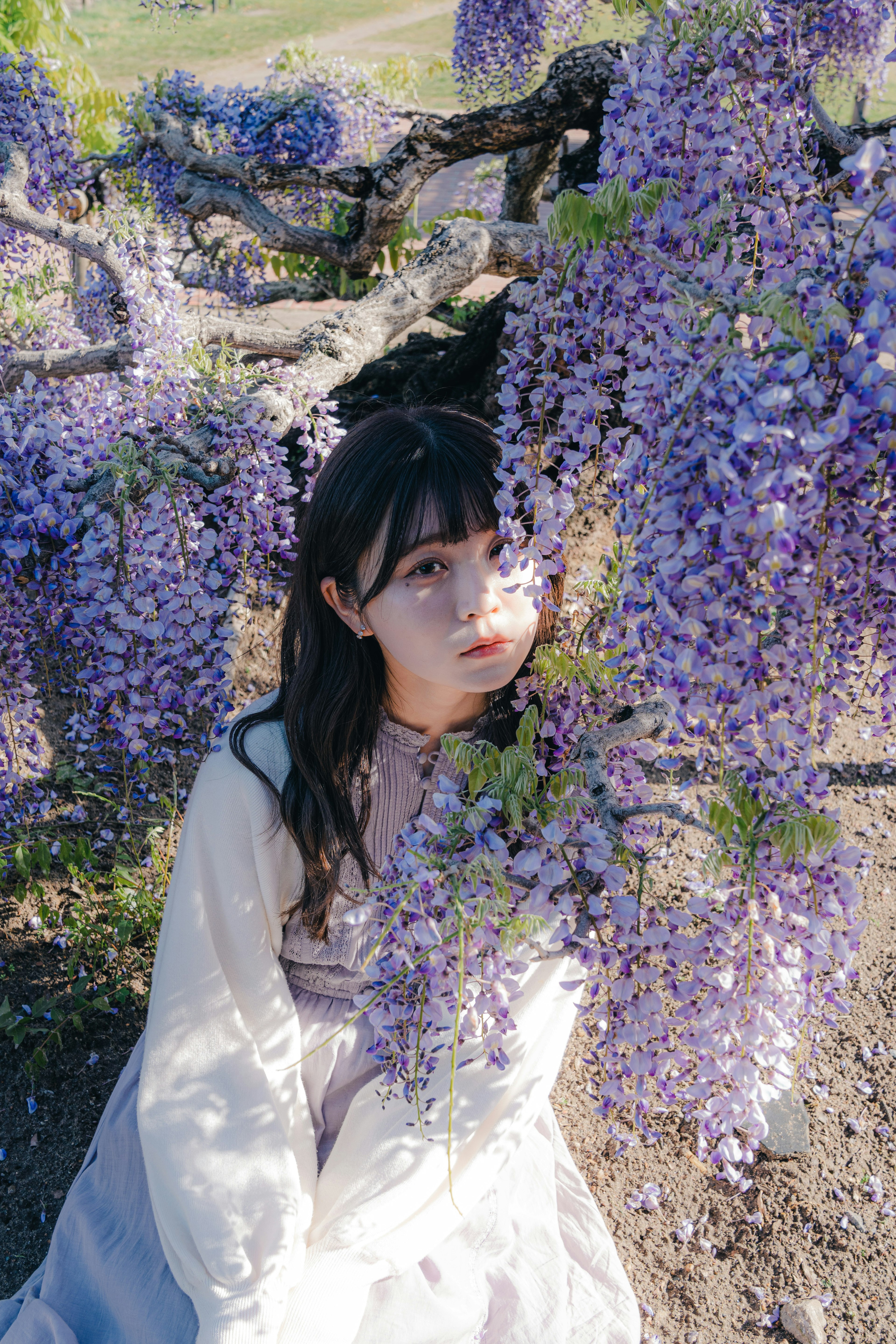 Une femme souriante parmi des fleurs de glycine violettes